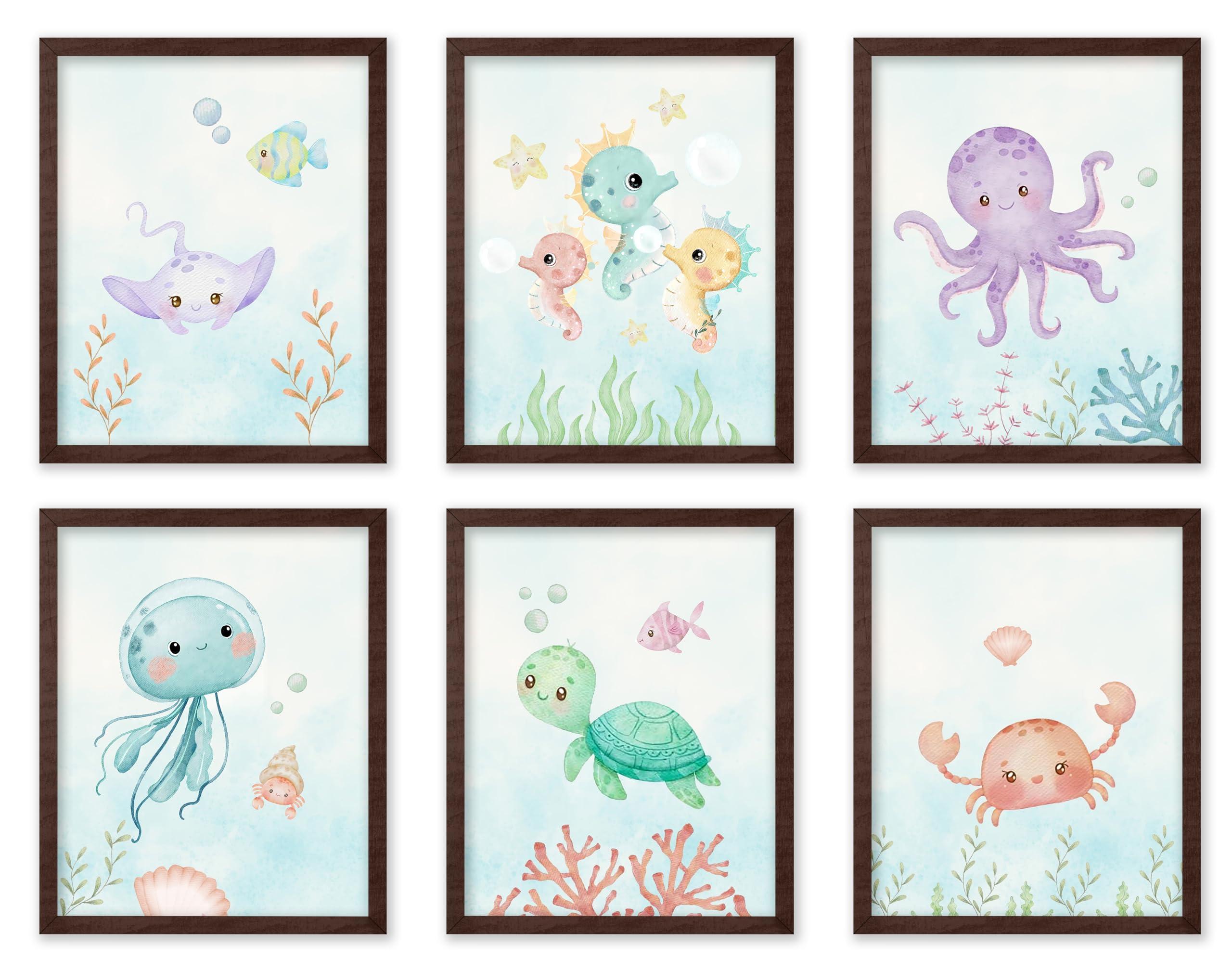 Poster Master Poster Master 6-Piece Sea Animals Poster - Aquatic Print - Pastel Color Art - Marine Life Art - Gift for Boys, Girls & Parents - Decor for Playroom, Kid\'s Room or Nursery, 8x10 Brown Framed