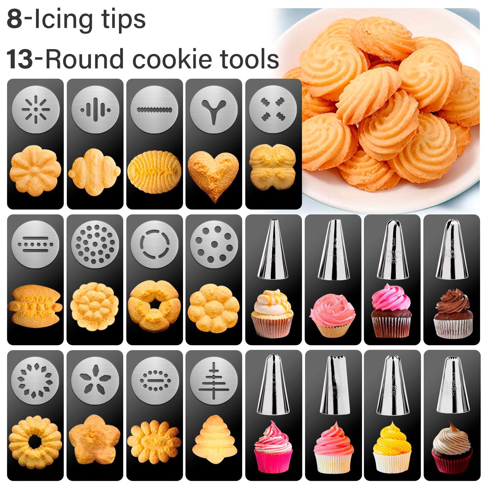 Muyoka Cookie Press Stainless Steel Cookie Maker Machine with 13 Discs and 8 Icing Tips Reusable Cookie Maker Kitchen Baking Tool for Cookie Making