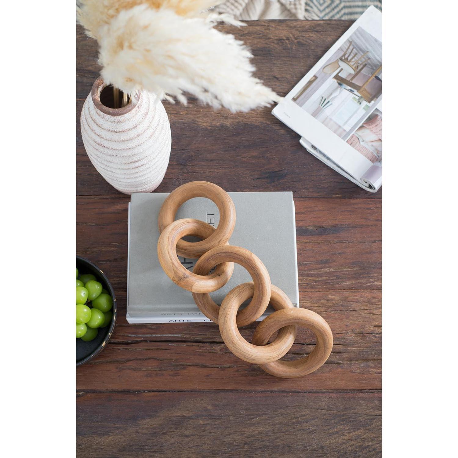 T2 CONCEPT T2 CONCEPT 100% Teak Wood Decorative 5 Link Chain Sculpture, Natural Brown, Modern Minimalist, 19.5 x 4.5, Round Circle Design, for All Styles, Mantel, Coffee Table, Bookshelf, Home and Office