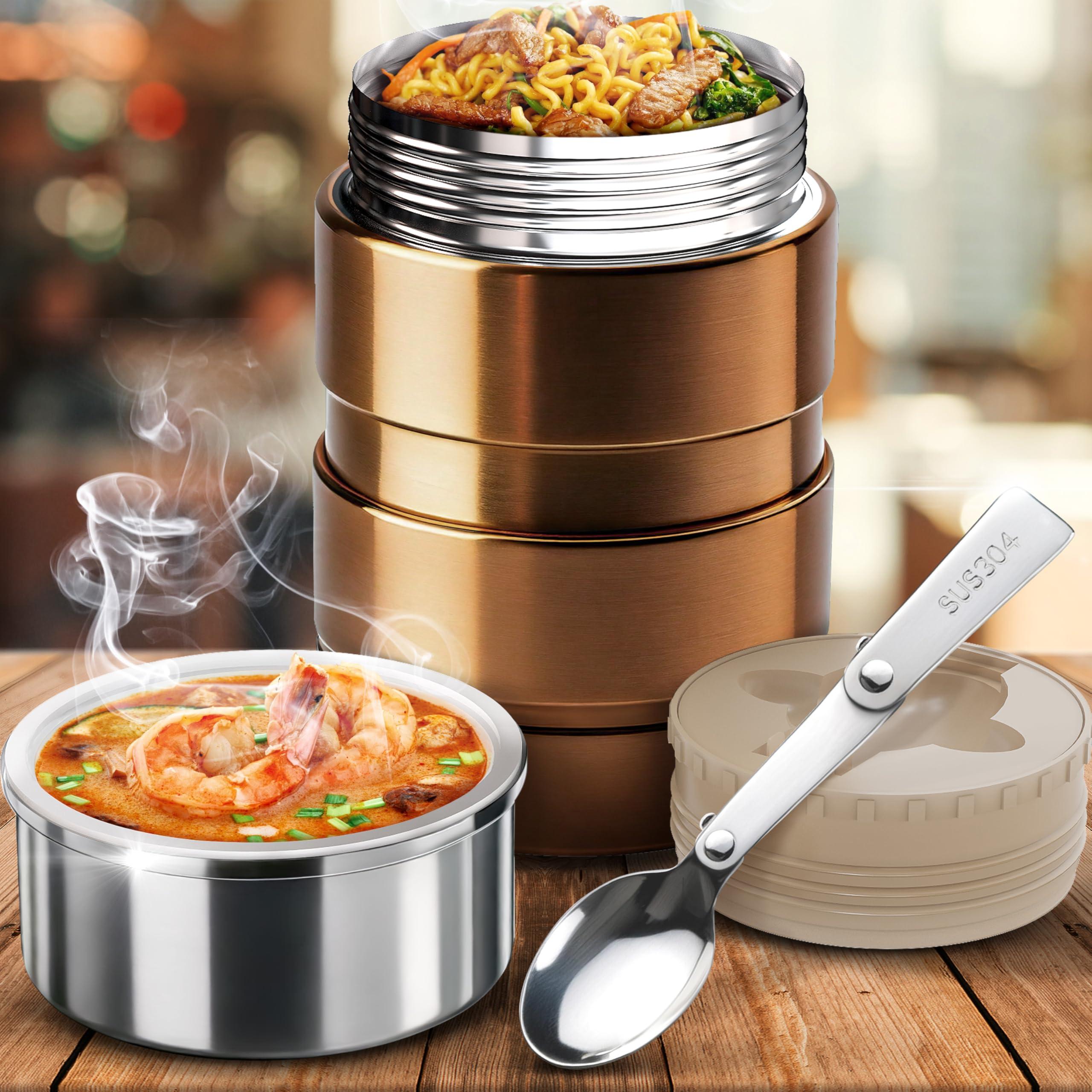 Earth&ME Earth&ME Stainless Steel Thermo For Hot Food 17OZ with Folding Spoon, Vacuum Insulated Food Container, Soup Thermo with Wide Mouth, Insulated Food Jar for Hot & Cold Food, Gold