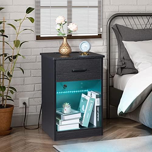 ACLULION ACLULION LED Nightstand with Charging Station, Wireless Nightstand with USB Ports, Smart Bedside Table with 1 Drawers, White End Table with Remote Contro 20 Color LED Lights (Black)