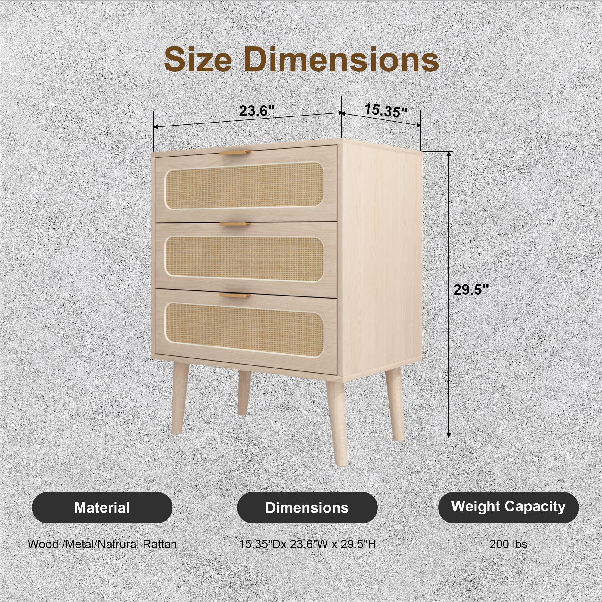 QHITTY QHITTY Drawer Dresser, Rattan Chest of Drawers with 3 Drawers Dresser, Accent Storage Cabinet Modern Bedside Table for Living Room, Bedroom, Entryway (Natural)