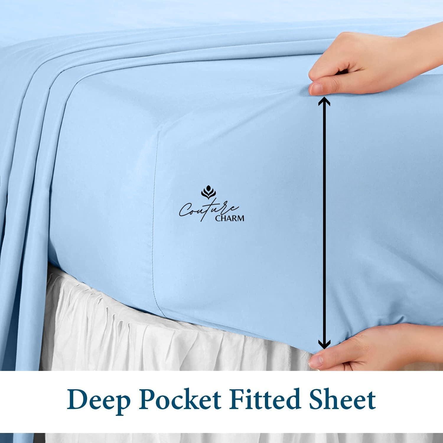 Couture Charm Queen Size 1000 Thread Count 100% Egyptian Cotton Sheet Set, 4-Piece, Sateen Weave, with 14-16\" Deep Pocket Snug Fit (Solid, Light Blue)