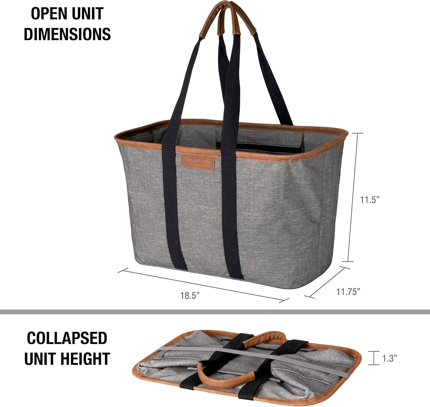 CleverMade CleverMade Collapsible LUXE Tote, Heather Gray/Black - 30L (8 Gal) Structured Tote Bag with Handles and Reinforced Bottom - Reusable Grocery Bag, Shopping Bag, Utility Tote Bag