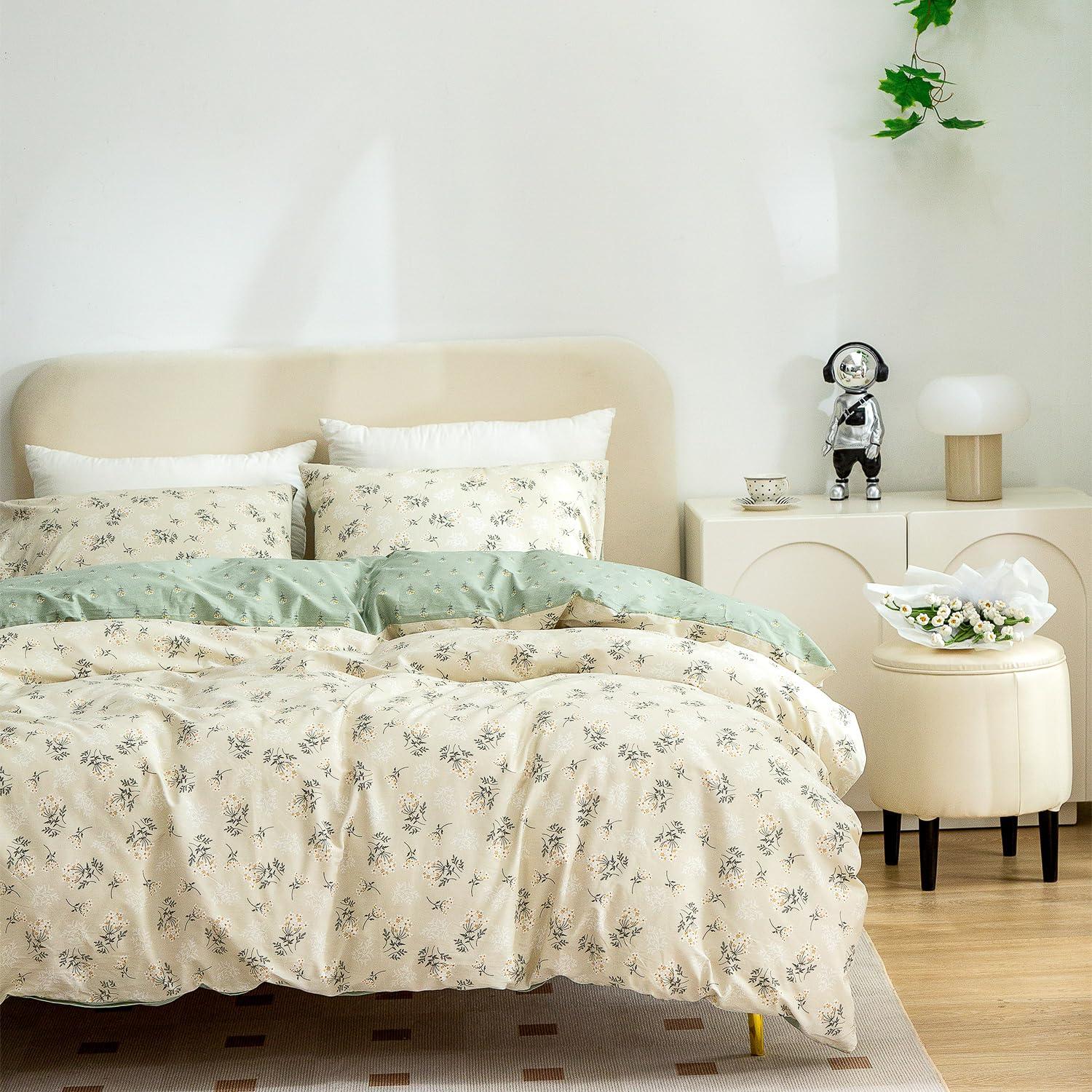 Jane yre Duvet Cover Twin Floral, 100% Cotton 3 Pieces Floral Bedding Set Twin, Garden Style Green Flower Pattern Floral Duvet Cover Twin, with Zipper Closure, Luxury Soft Breathable Comfy (Floral, Twin)