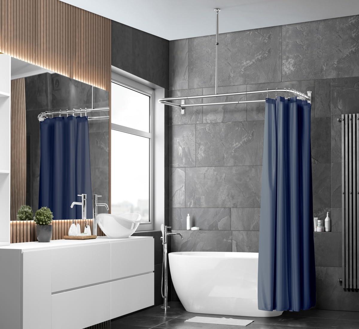 Utopia Alley Utopia Alley Rustproof Aluminum Shower Rod - Chrome | D-Shape Shower Rod with Ceiling Support, Shower Curtain Rod for Bathroom Shower, Perfect for Freestanding Tubs and Showers (61"L x 28"W)