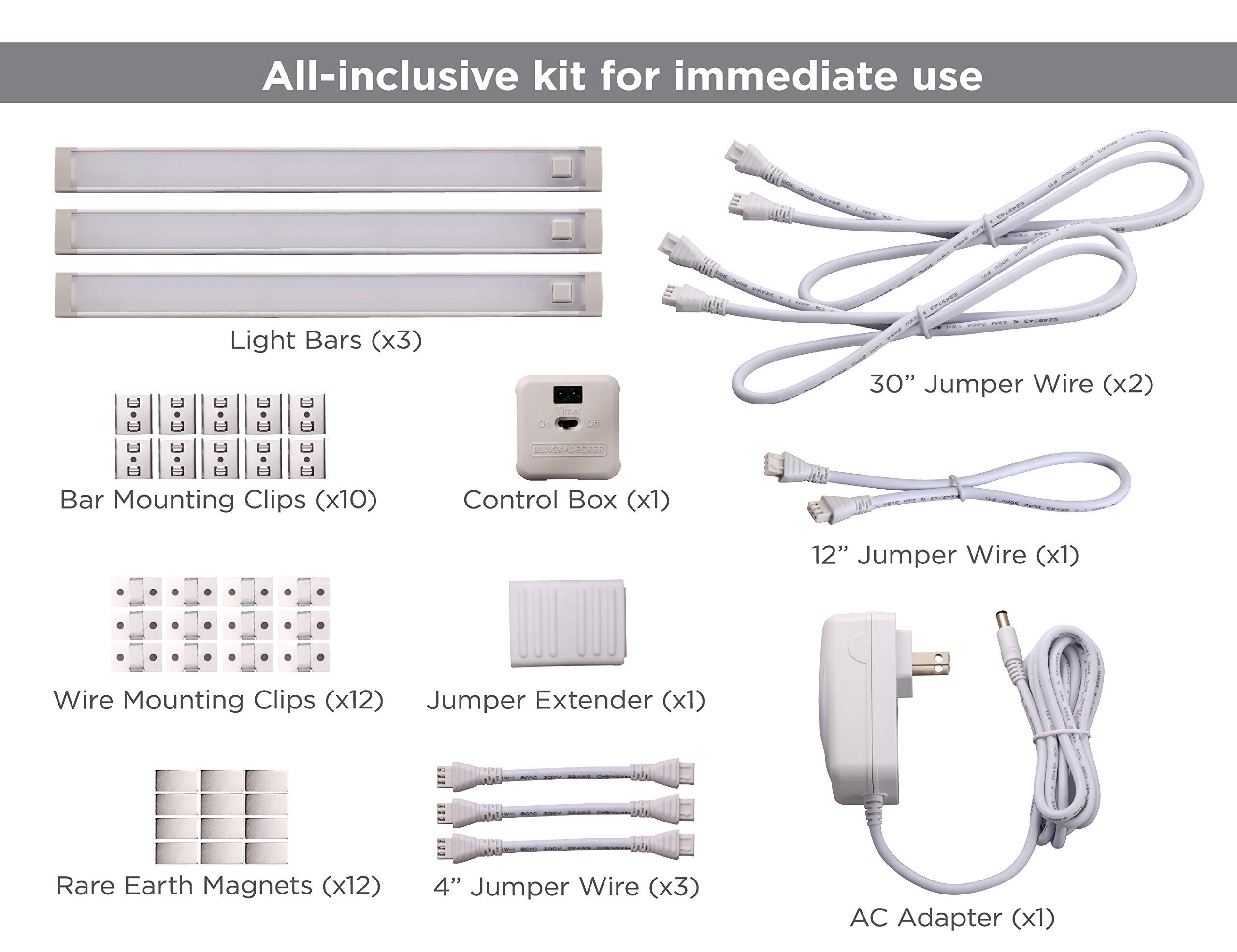 BLACK+DECKER BLACK+DECKER LED Under Cabinet Lighting Kit, 3-Bars, 12in. Each, DIY Tool-Free Install w/Magnetic Option, Daylight, 5000K, 1290 Lumens (LEDUC12-3DK)