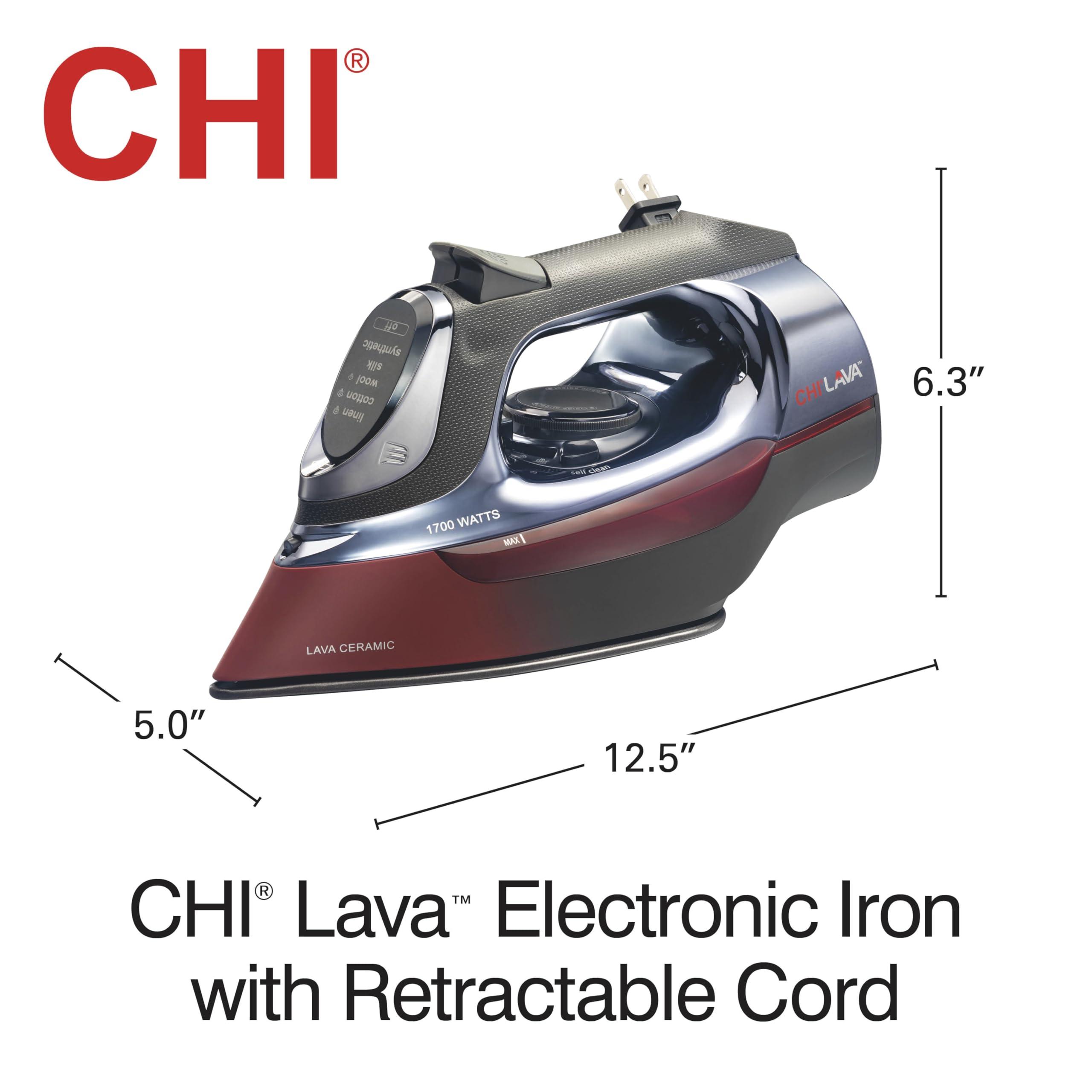 CHI CHI Steam Iron for Clothes with 8 Retractable Cord, 1700 Watts, 3-Way Auto Shutoff, 400+ Holes, Professional Grade, Temperature Control Dial, Lava Infused Ceramic Soleplate, Black (13113)
