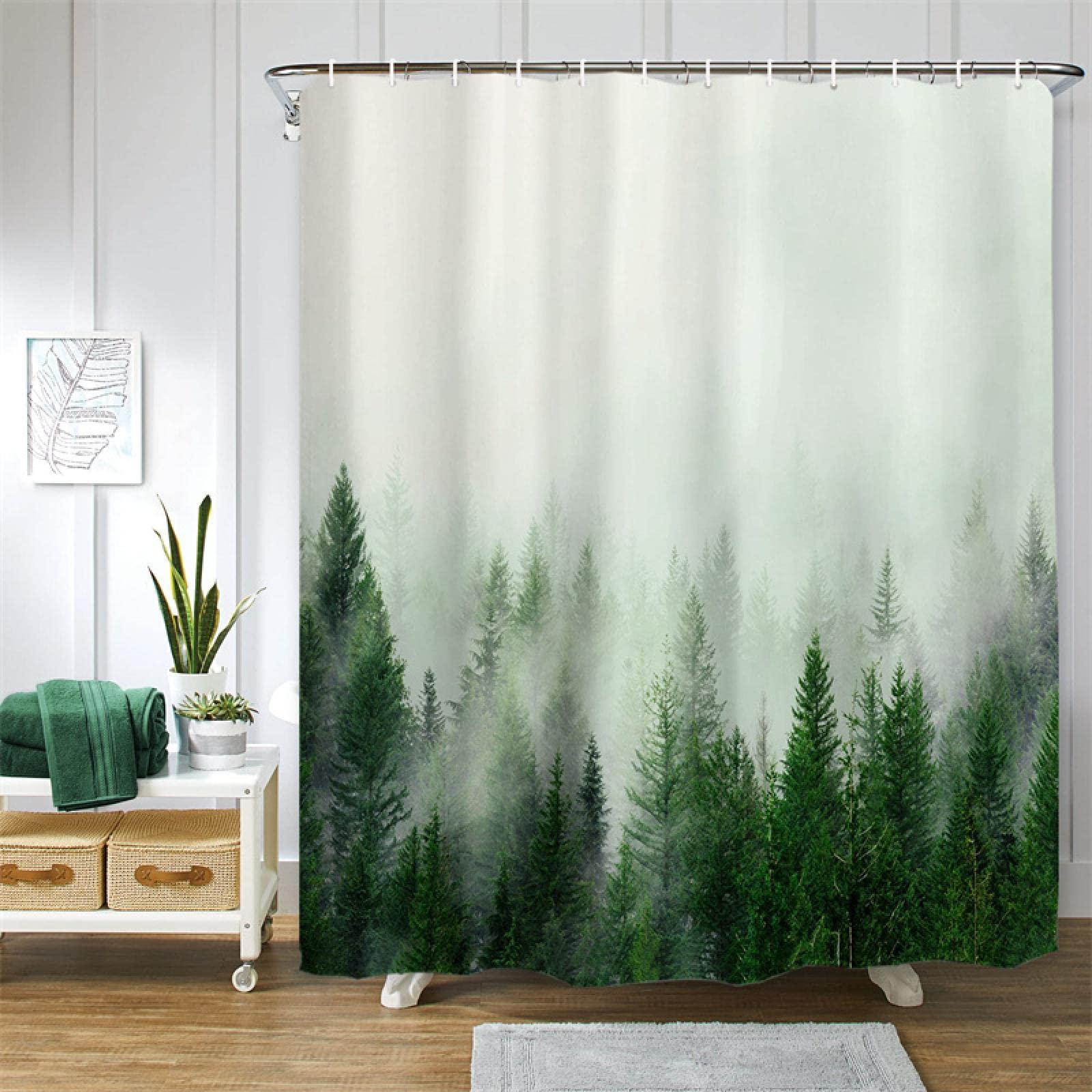 Yanyan Art Yanyan Art Misty Forest Green Shower Curtain Print Tree Extra Long Shower Curtain Liner Bath Curtain with Hooks Shower Curtain for Bathroom 84x72in-213x183cm/WxH
