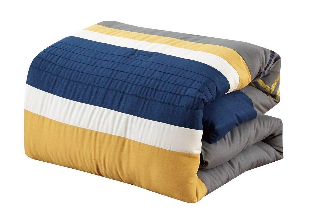 Chezmoi Collection Chezmoi Collection Arden 7-Piece Modern Pleated Stripe Embroidered Zigzag Bedding Comforter Set (King, Navy/Gray/Yellow/White)