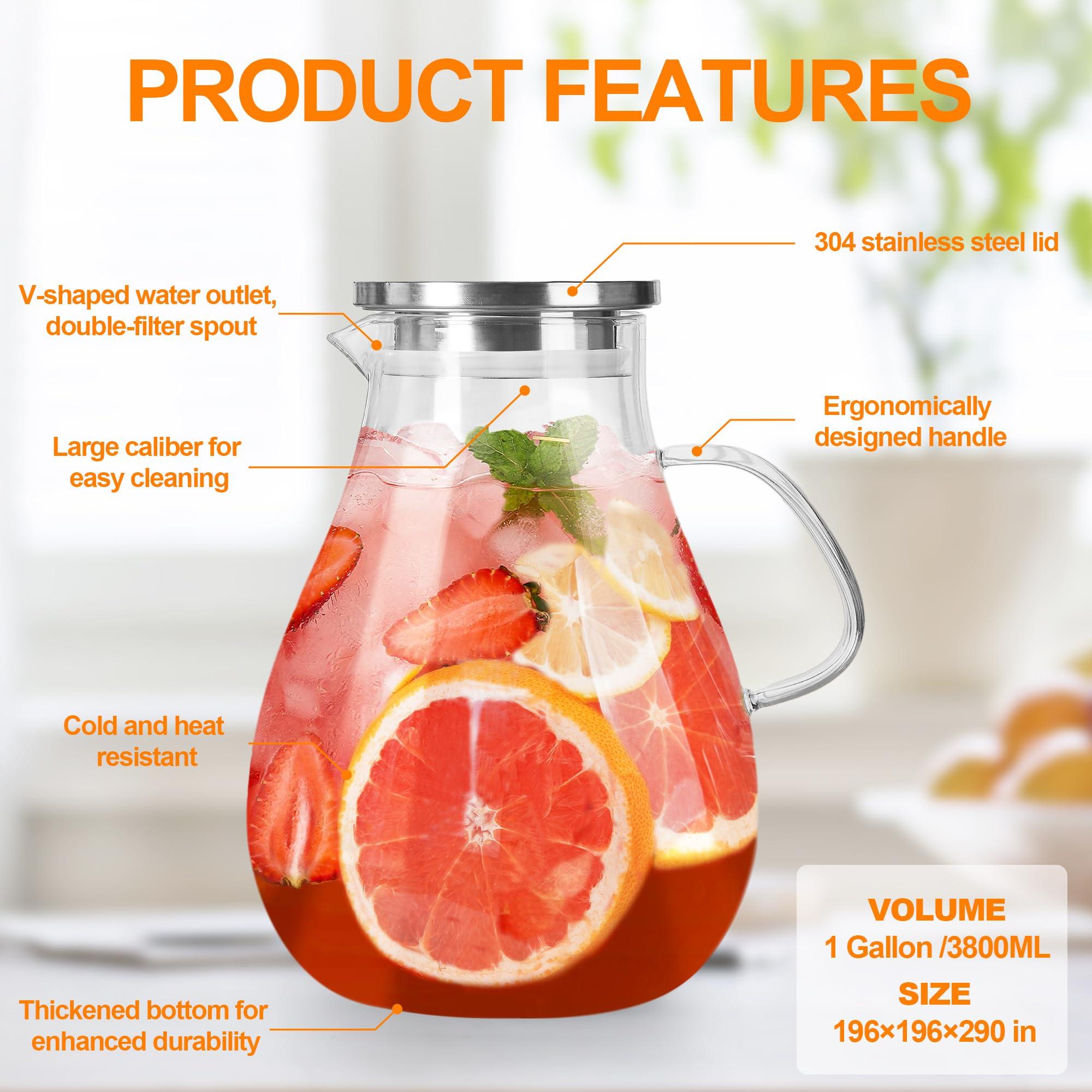 Liuruiyu Glass Pitcher with Lid,1 Gallon Glass Water Pitcher Hot/Cold Water Jug, Juice and Iced Tea Beverage Carafe with Lid (Extra-Wide Mouth)