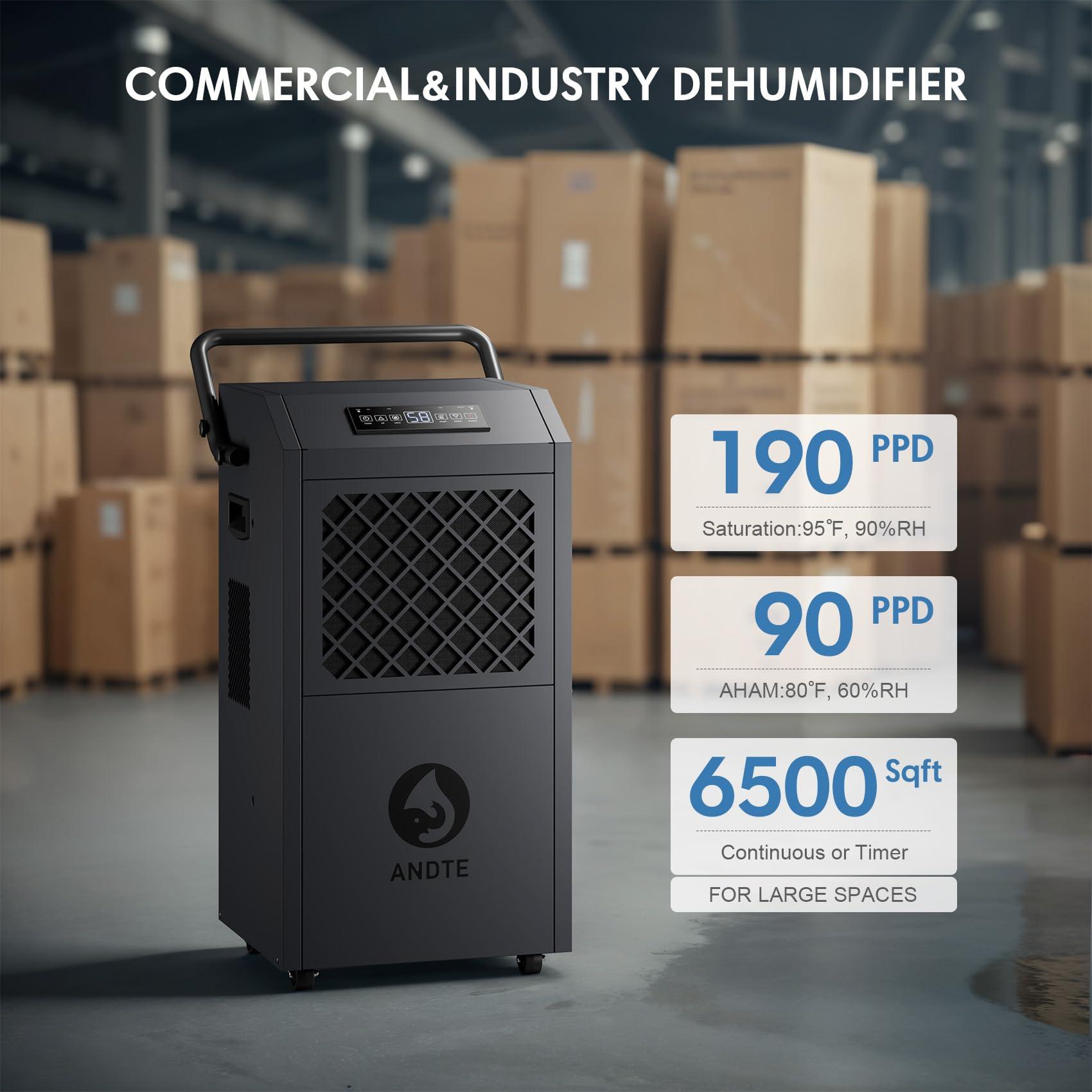 ANDTE ANDTE 190 Pints Commercial Dehumidifier with PumpDrain HoseIndustrial Dehumidifiers,Built-In Pumpfor Basement, Crawl Space, and Job Sites