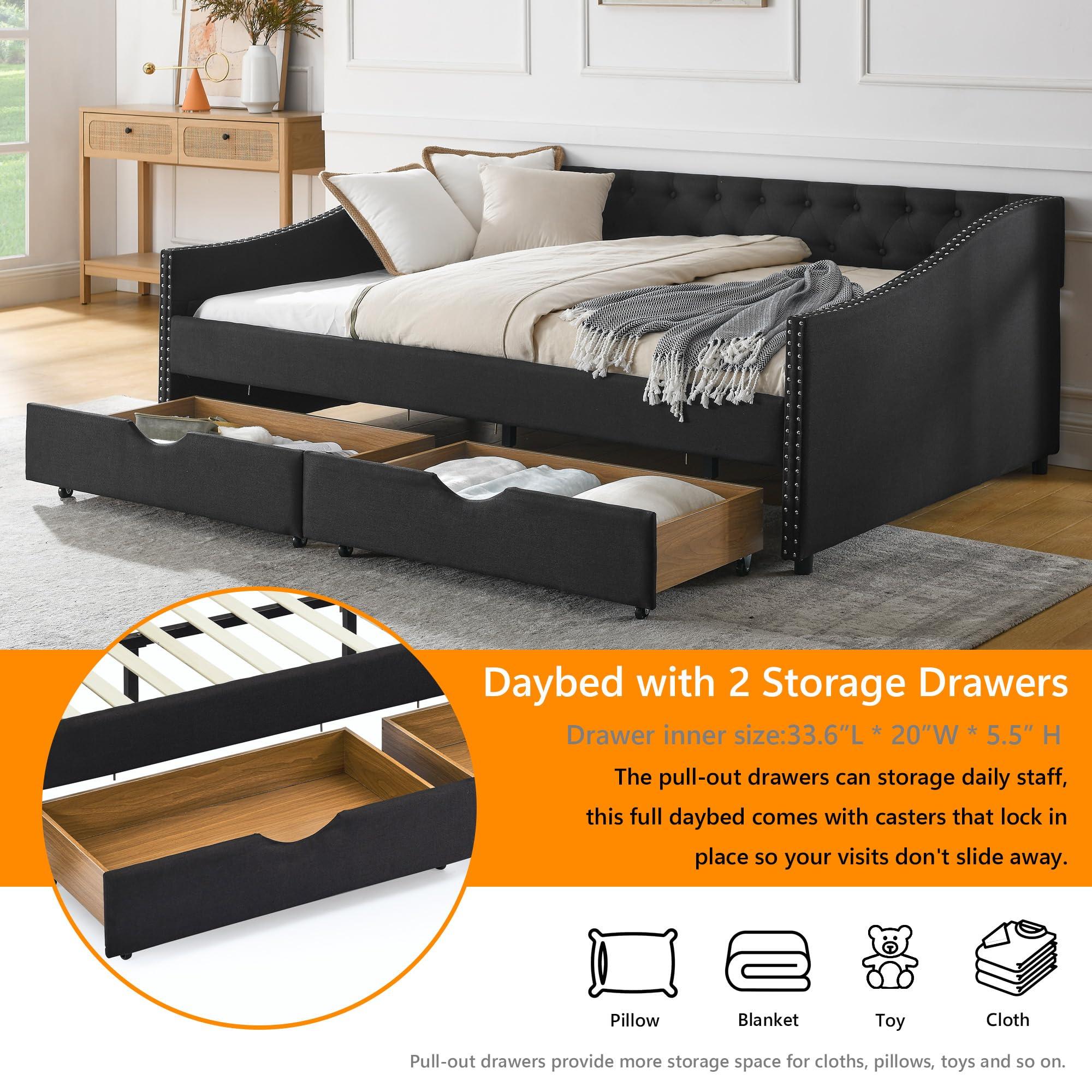 Flieks Flieks Linen Upholstered Full Daybed with Two Storage Drawers, Full Size Button Tufted Sofa Bed Daybed with Nailhead Trim and Wood Slat Support (Black)