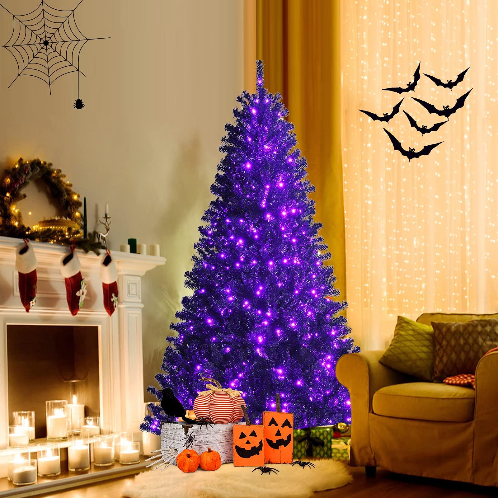 Goplus Goplus 6ft Pre-lit Black Christmas Tree, Hinged Artificial Halloween Tree w/ 250 Purple LED Lights & Metal Stand, Perfect Xmas Decoration for Holiday Festival Parties