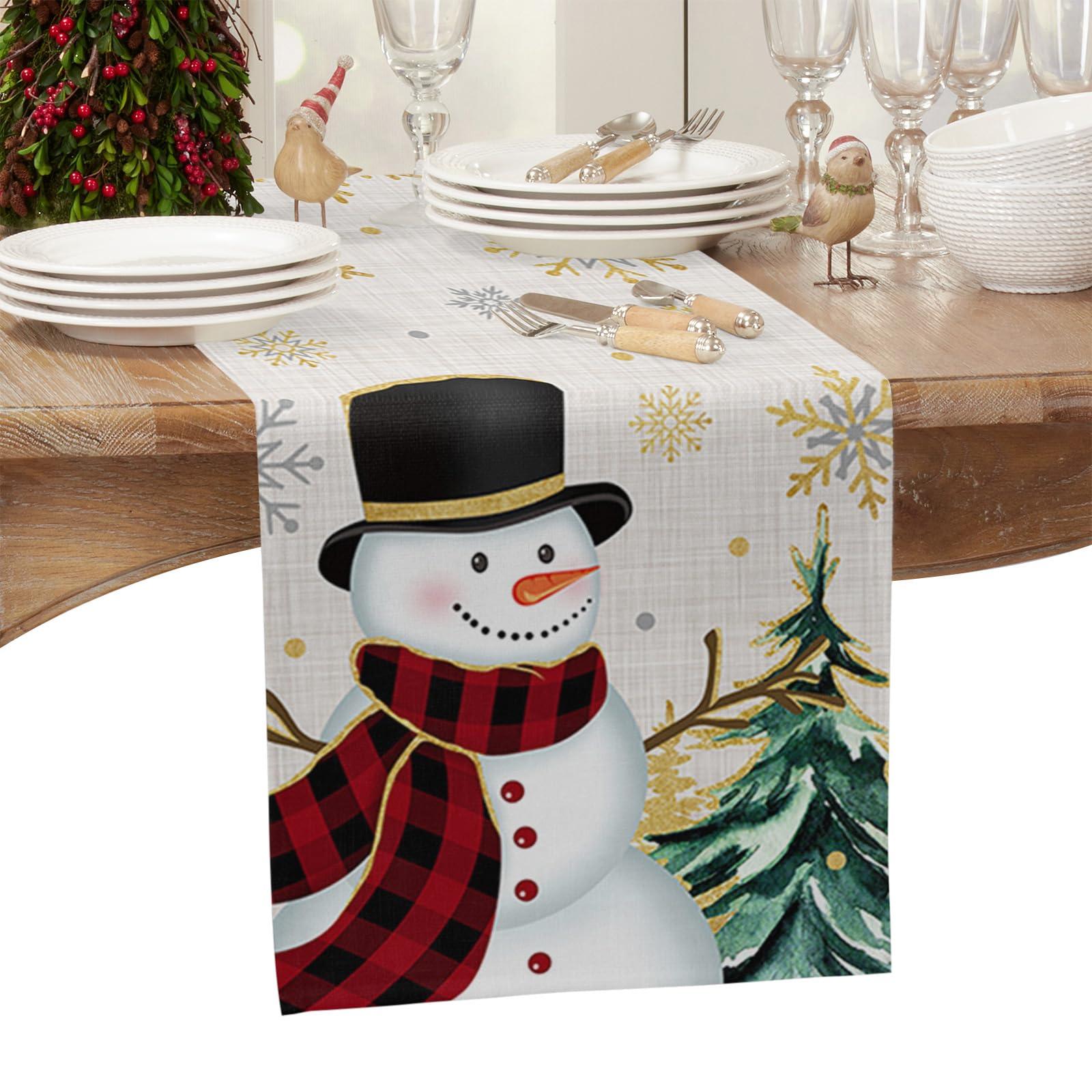Shine-Home Snowman Table Runner 48 Inches Long Cotton Linen Tablerunner Dresser Scarves, Burlap Kitchen Dinner Cafe Table Runners Table Decor for Coffee/Party/Wedding, Christmas Tree Gold Snowflake Green
