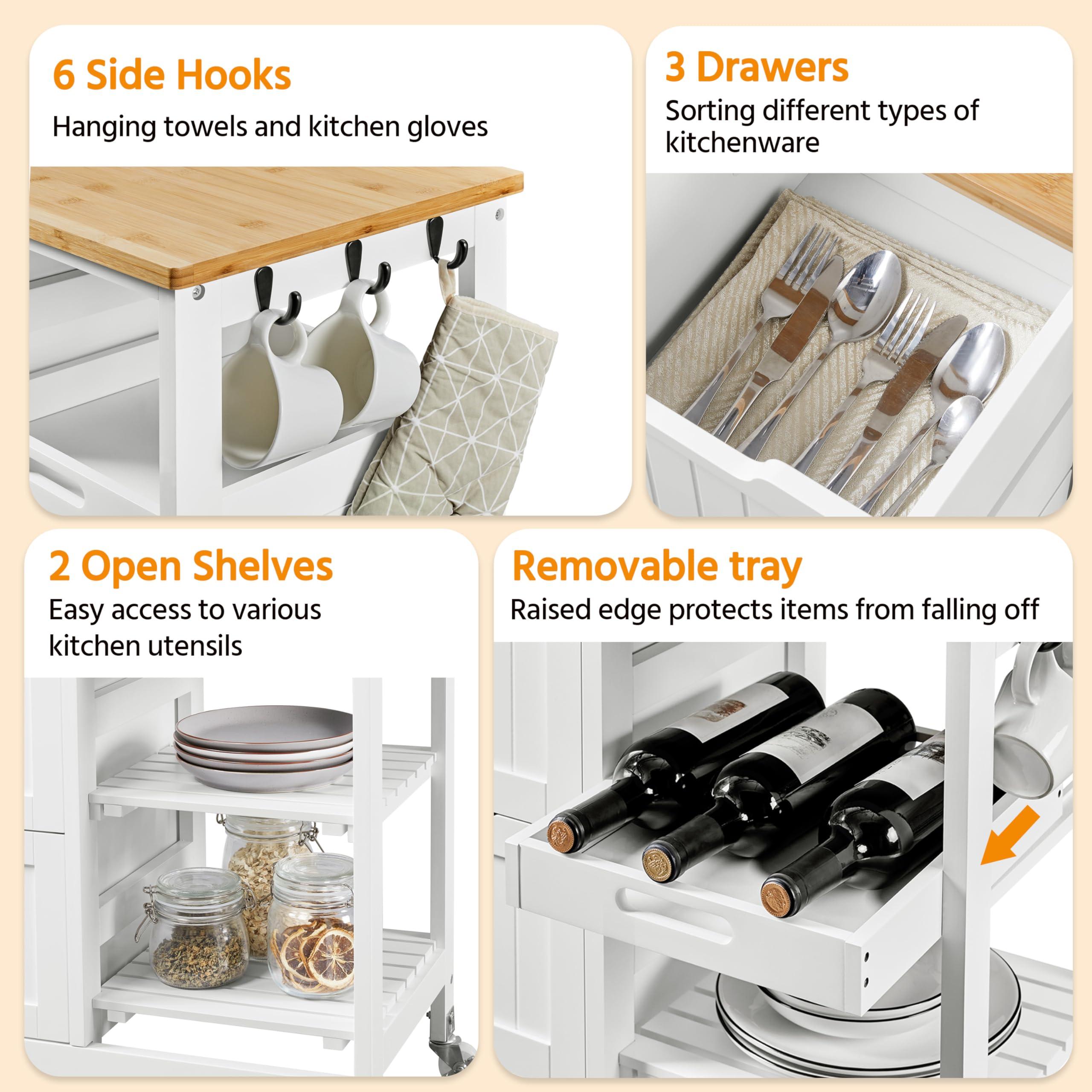 Yaheetech Yaheetech Kitchen Island Cart on Wheels with Bamboo Countertop, Rolling Serving Utility Trolley Cart with 3 Drawers, 3 Removable Shelves & Lockable Casters, Storage Cabinet for Dining Room, Bar, White