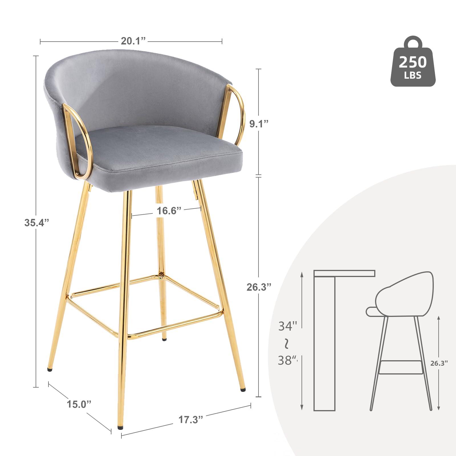 binzida binzida Bar Stools Set of 4, 26 Inch Counter Height Bar Stools Velvet Low Back Chair with Golden Armrest for Kitchen Island/Home Bar/Dining Room (Gray)