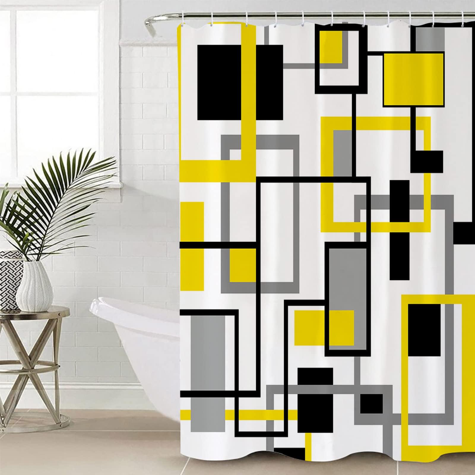 LEOKOTI LEOKOTI Yellow Black Grey Geometric Shower Curtain for Bathroom, Middle Century Modern Abstract Art Waterproof Fabric Bathtub Curtains for Bathroom with 12 Plastic Hooks, 36\" W x 78\" L