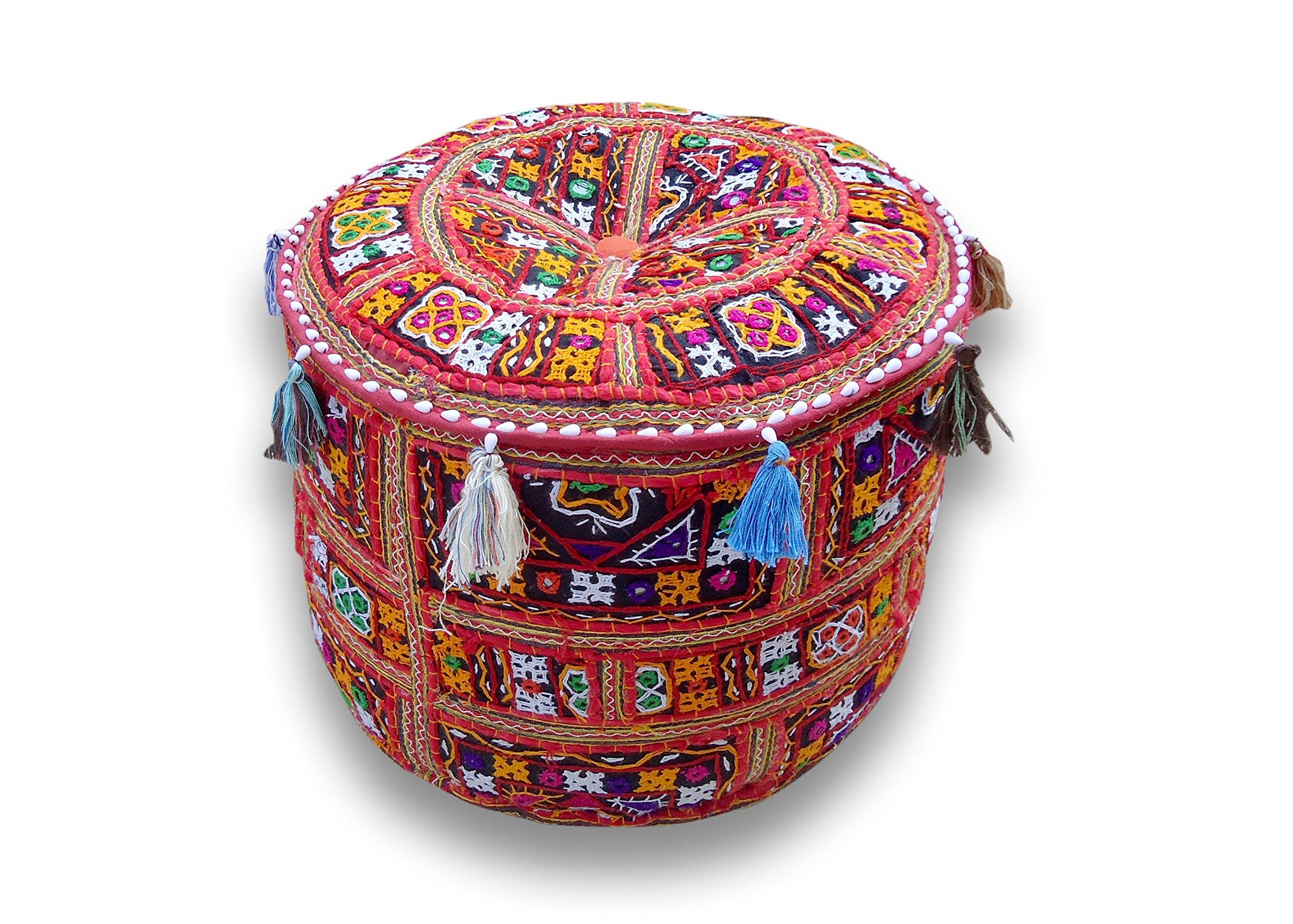 Sophia-Art Sophia-Art Indian Embroidered Patchwork Cover Indian Decorative Pouf Indian Comfortable Floor Cotton Cushion Ottoman Pouf,Indian Designs Ethnic Patchwork Pouf (Gujarat-Kutch, 18\"x13\")