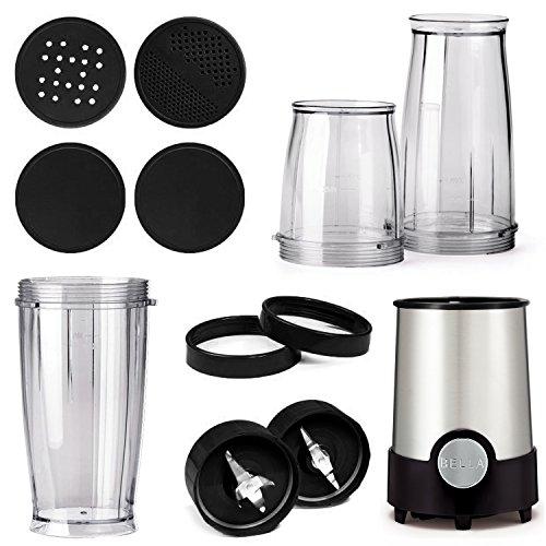 BELLA BELLA Personal Size Rocket Blender, Perfect for Smoothies, Shakes & Healthy Drinks, Easy Grinding, Chopping & Food Prep, 285 Watt Power Base, 12 Piece Blending Set, Stainless Steel/Black