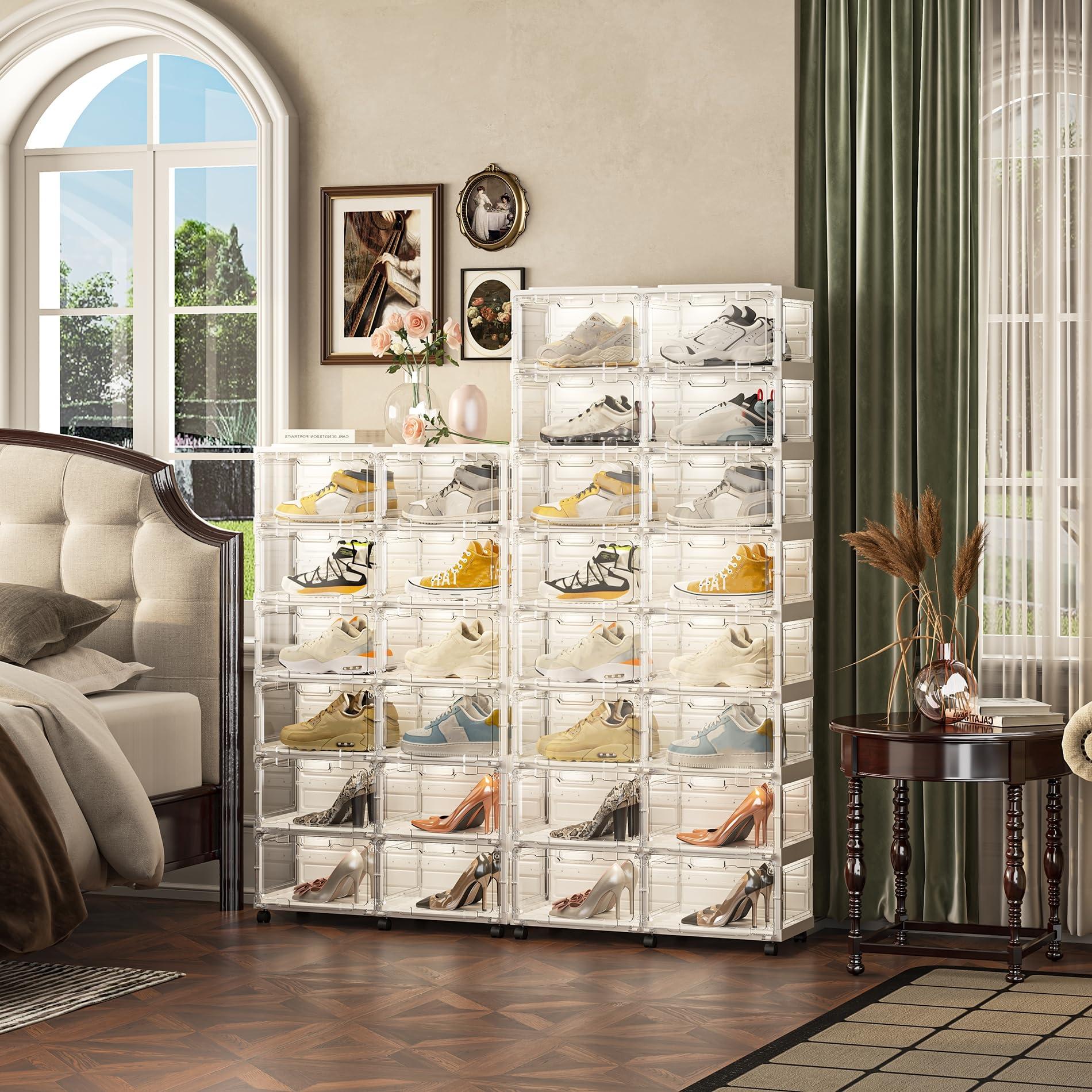 HGFSGGGREEHY Led Shoe Box Light,Foldable Stackable Sneaker Display Storage with Clear Side Open Door Organizer,Shoe Rack Organizer Cabinet,Voice Control 2 Rows 8 Layers (Transparently 1 Rows 6 Layers)