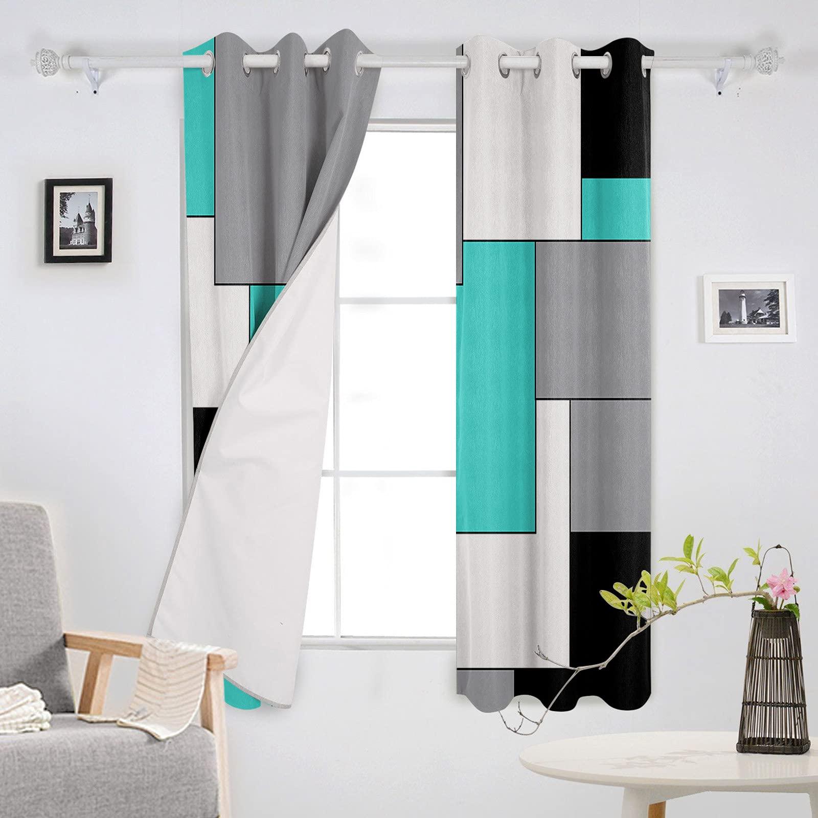 Tersuger Turquoise Black and Grey Blackout Curtains 42x63 inch Length 2 Panels Set, Modern Patchwork Art Abstract Room Darkening Curtains Grommet Thermal Insulated Window Drapes for Living Room Bedroom Decor
