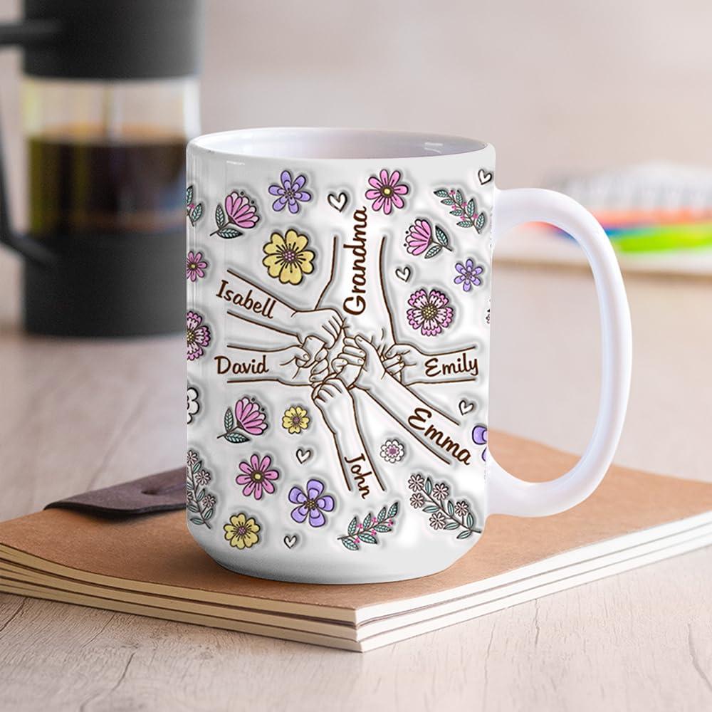 TrendingAz Custom Grandma 3D Inflated Effect Printed Holding Hand Mug, Grandma Kid Mug With Name, Gift For Mom Grandma, Birthday Gift, Mothers Day Gift, Holding Hand Grandma Mug, Family Custom Mug