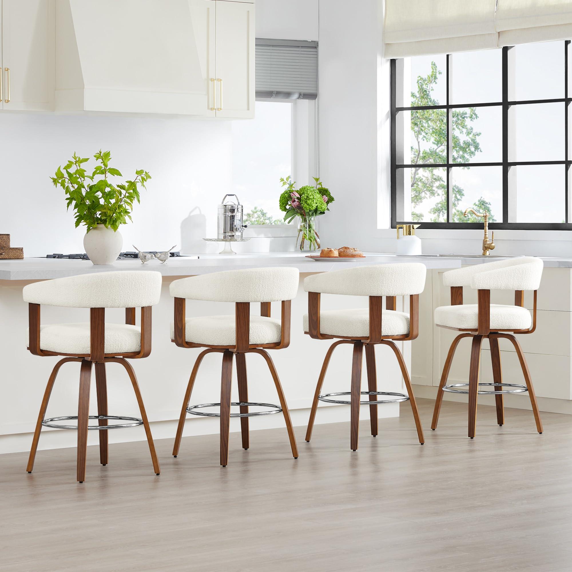 CHITA CHITA Swivel Counter Height Barstools Set of 2, FSC Certified Polyester Upholstered Bar Stools with Back and Armrest for Kitchen Island Home Bar, 27\" Seat Height, Cream with Walnut Frame