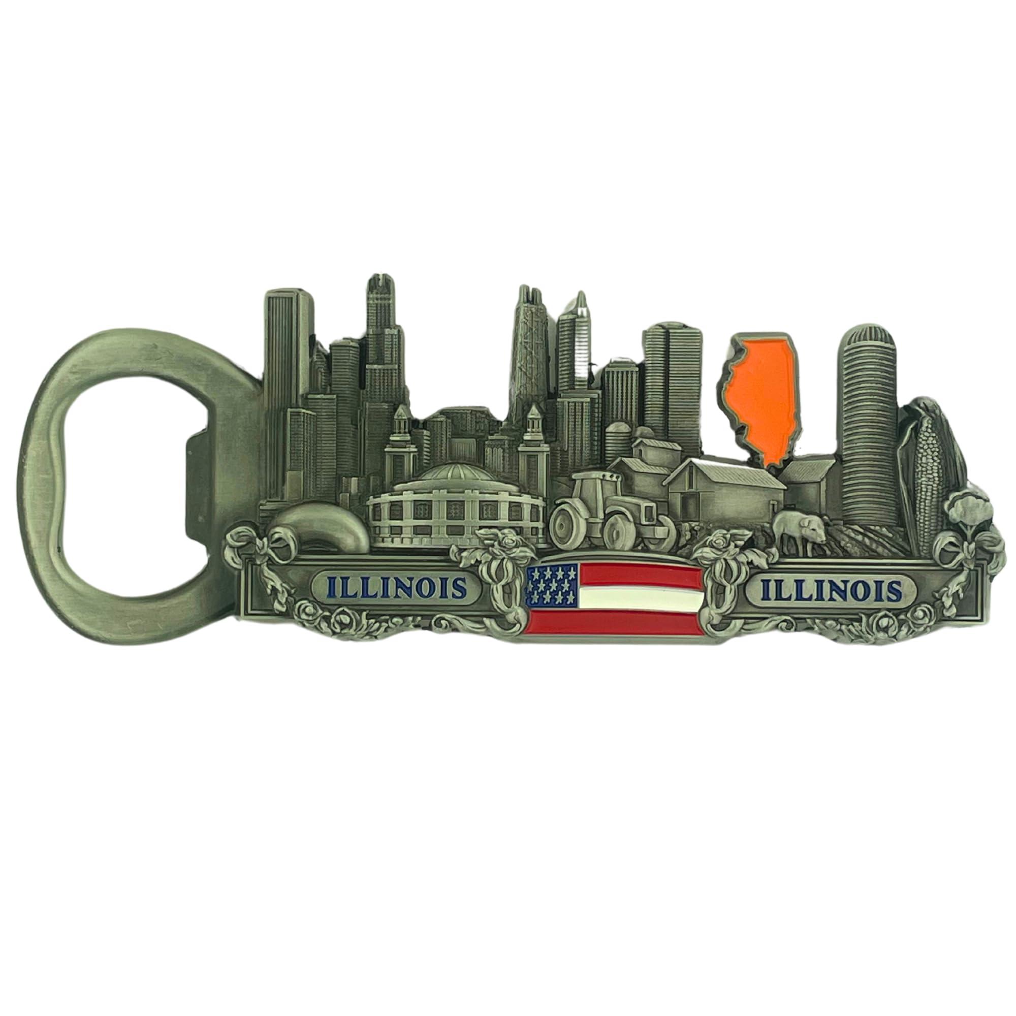 Mad Mags Illinois State Themed Magnetic Bottle Opener, Durable Kitchen Utensil, Souvenir and Gift, 1.5 by 4.5 Inches