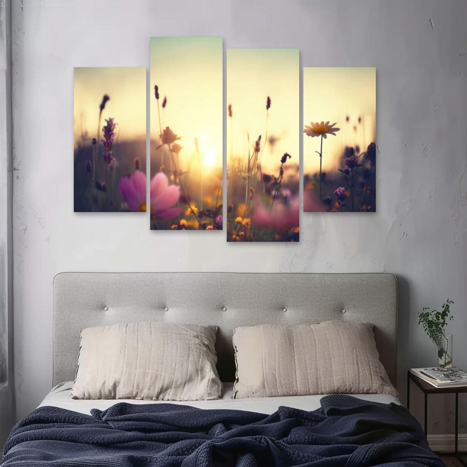 CXHSZHYZYQ CXHSZHYZYQ Canvas Wall Art Prints Pictures Summer Meadow Framed Posters Modern Wall Painting Artwork Gift Home Decor for Living Room Ready to Hang 4 Panel