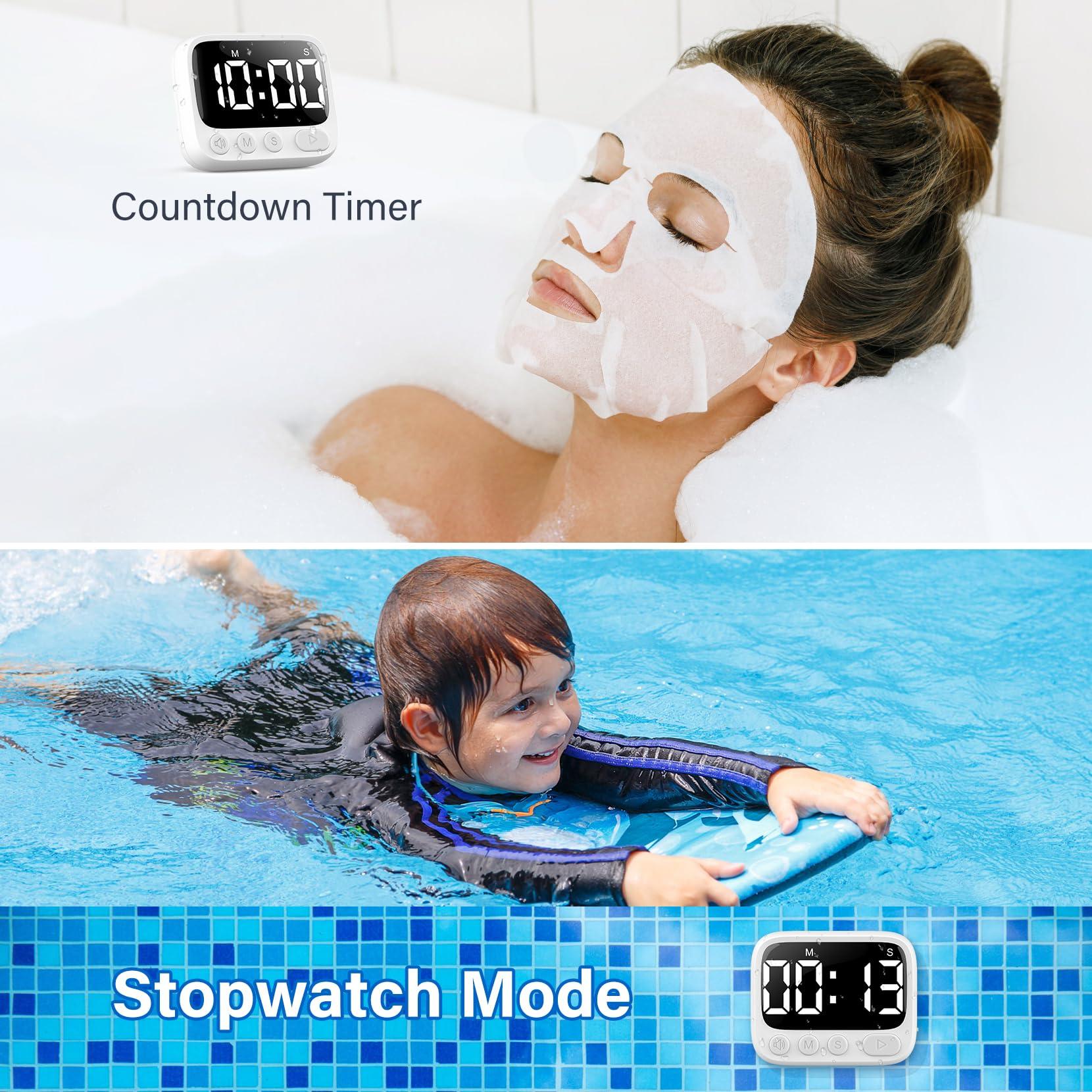 HAUKINIX HAUKINIX Shower Timer Waterproof Bathroom Timer Toilet Timer Digital Kitchen Timer for Wall Mount, Study Timer w/Foldable Stand, Countdown Timer Stopwatch w/Suction Cup for Swim, Rechargeable, White