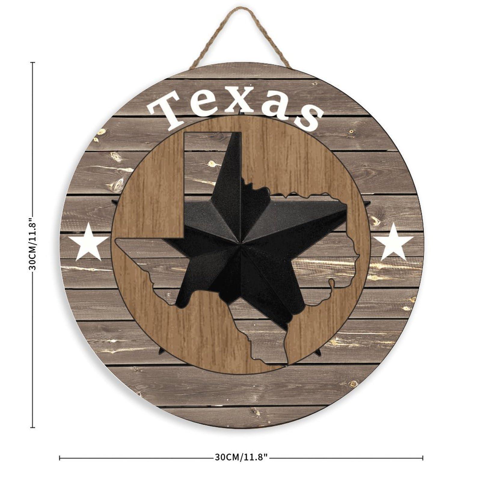 Autravelco Farmhouse Round Wood Plank Hanging Sign Texas Lone Star Home Map Custom Wood Plaque Sign Quote Rustic Boho Geometric Wood Panel Wall Decorative Signs for Indoor Cabin 12x12 Inch