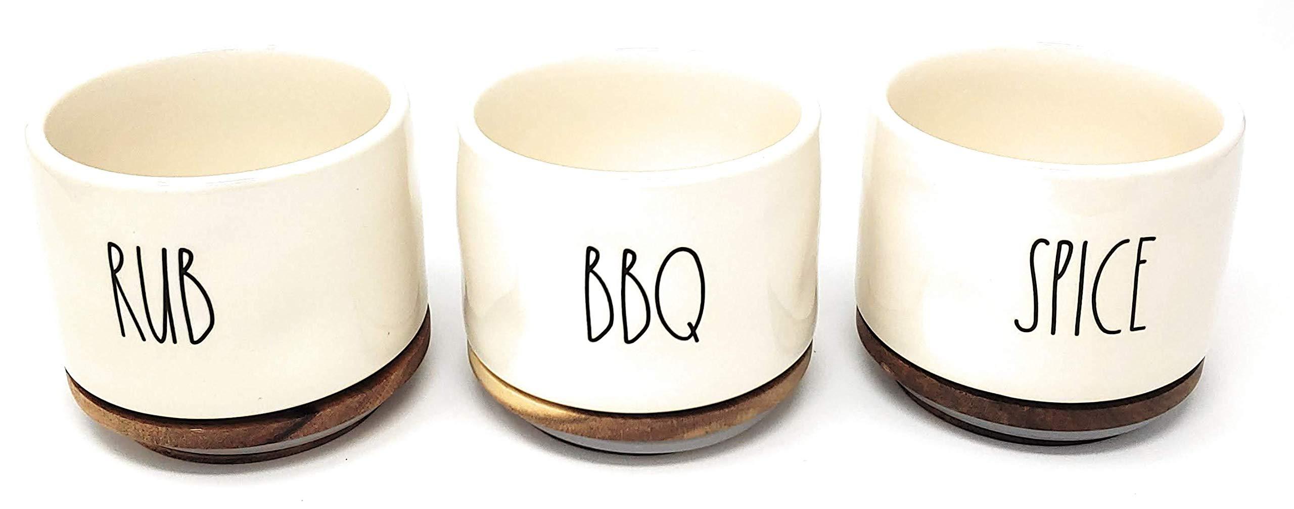 Magenta Collection Rae Dunn by Magenta, unique with perfect imperfections. SPICE, BBQ, RUB- Stacked ceramic canister set, beige, black LL, 10in x 4.25in x 4.25in
