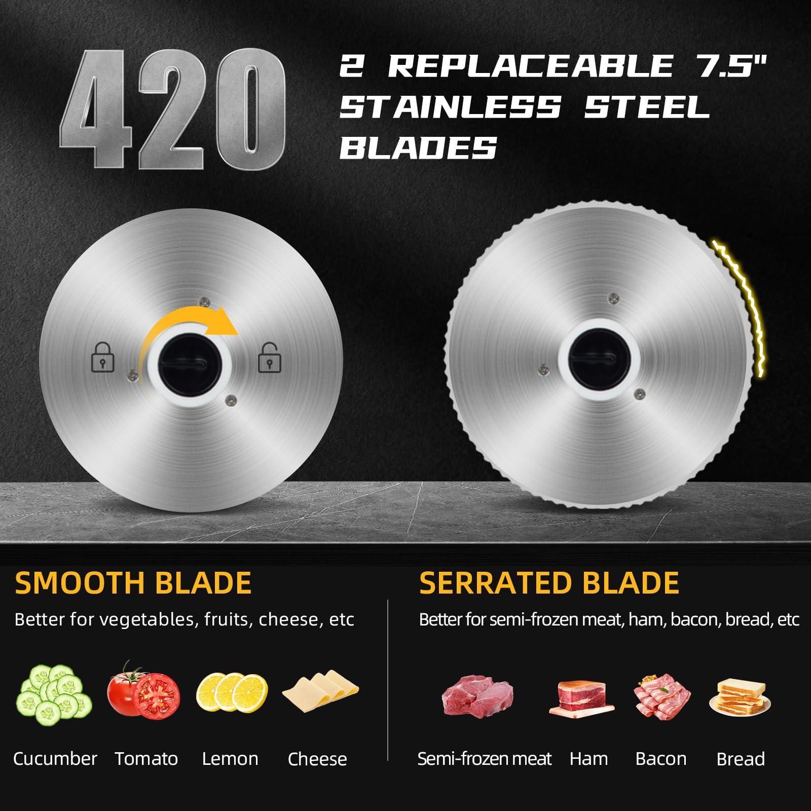 TERUISI TERUISI Electric Meat Slicer, 200W 110V Food Slicer with 2 Stainless Steel 7.5\" Blades, 0-18mm Adjustable Thickness, Meat Cutter Machine with Food Tray, Towel for Home Use, Meat, Fruit, Bread, Cheese