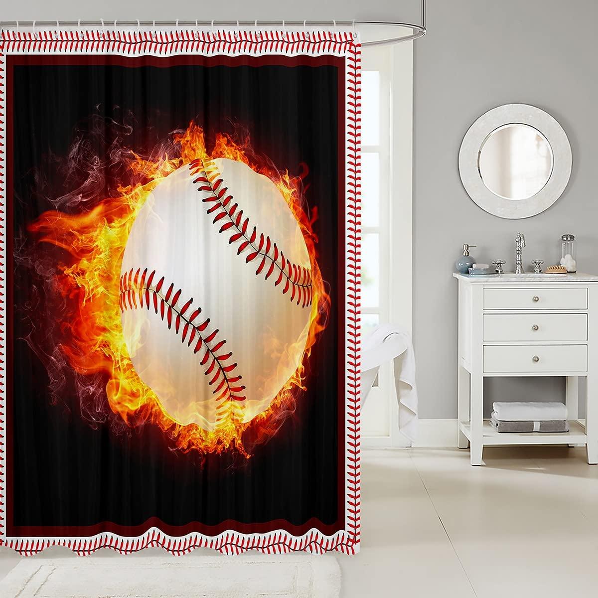 Homewish Baseball Shower Curtains,Flame Ball Bathroom Curtains for Kids Teens Boys Girls,Sport Theme Waterproof Bath Curtains,with 12 Hooks Suits for Bathtub, 72\" W x 78\" L,Black Modern
