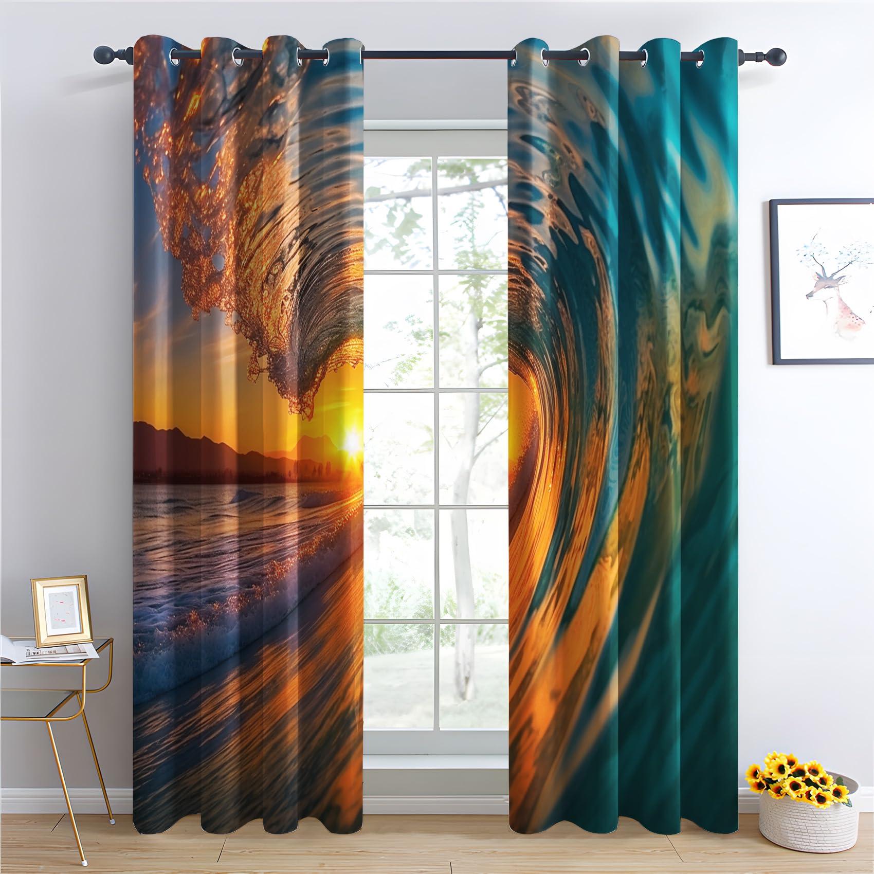 Phtbz Wave Curtains for Bedroom Living Room, Ocean Wave Blackout Curtains & Home Decor, Sea Wave Window Curtains, Thermal Room Darkening Grommet Drapes, 54 Inch Curtains 2 Panel Set