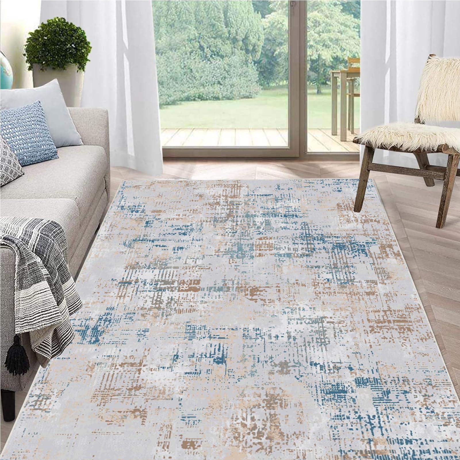 MiZuH 4x5 Area Rugs, Non Slip Backing Area Rug, Imitation Cashmere Carpet Machine Washable Rugs, Foldable Abstract Rug for Living Room (Blue/Tan/Light Gray, 4x5ft/48x60in/120x150cm)