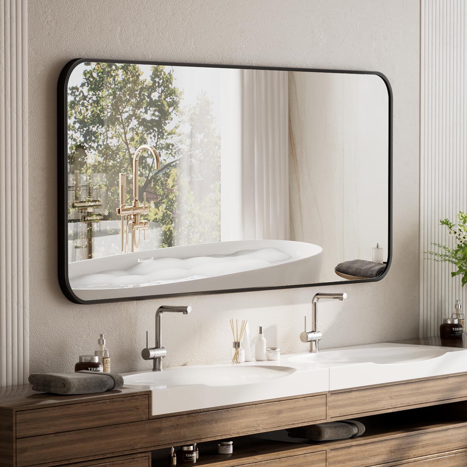 BEAUTYPEAK BEAUTYPEAK 26" x 38" Rectangular Aluminum Alloy Frame Wall Mounted Bathroom Mirror with Rounded Corners, Black