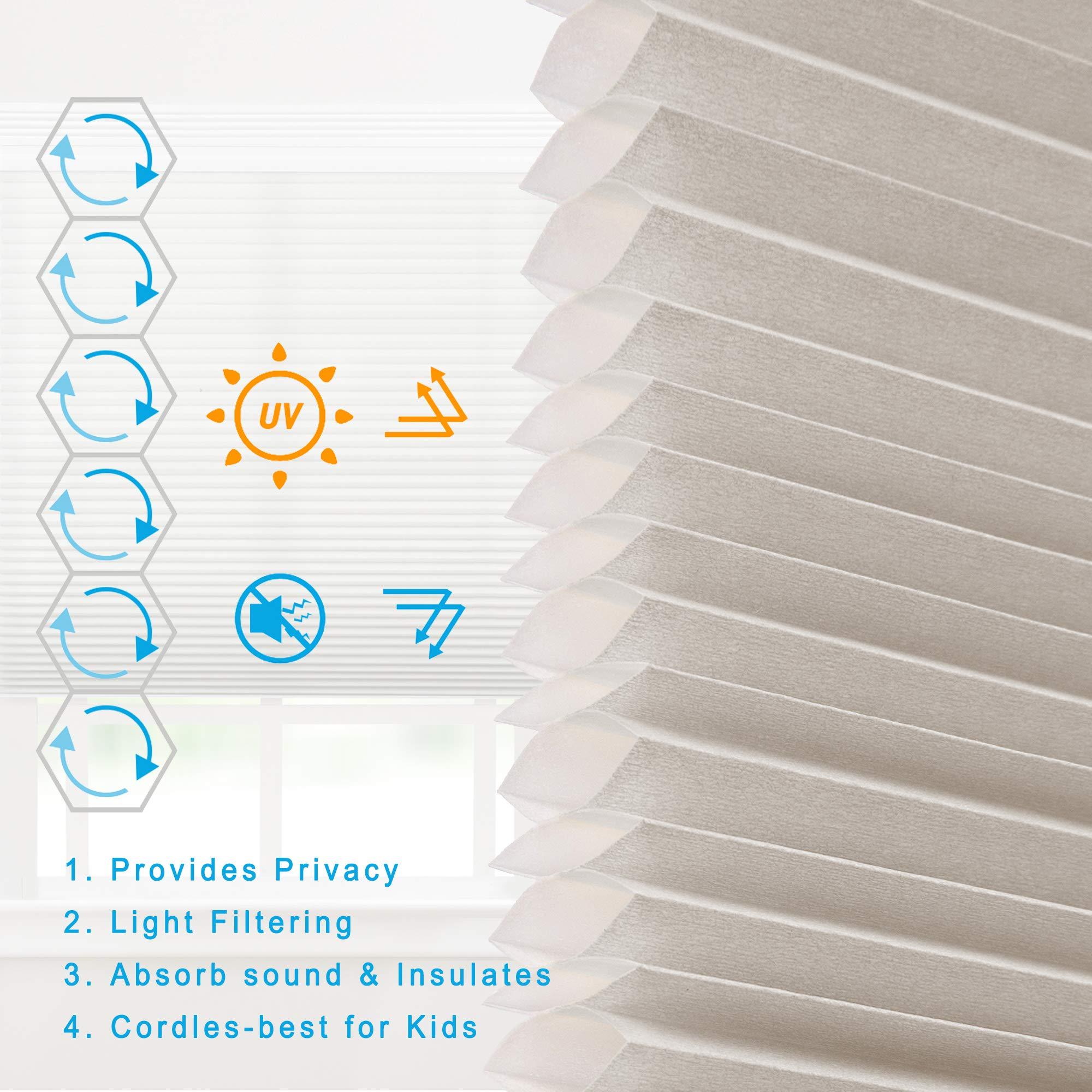 Amingrui Cellular Shades Cordless Honeycomb Blinds Fabric Window Shades, Free-Stop Light Filtering Window Blind [Light Grey-Light Filter, Size 54" W x 72" H] Custom Cut to Size