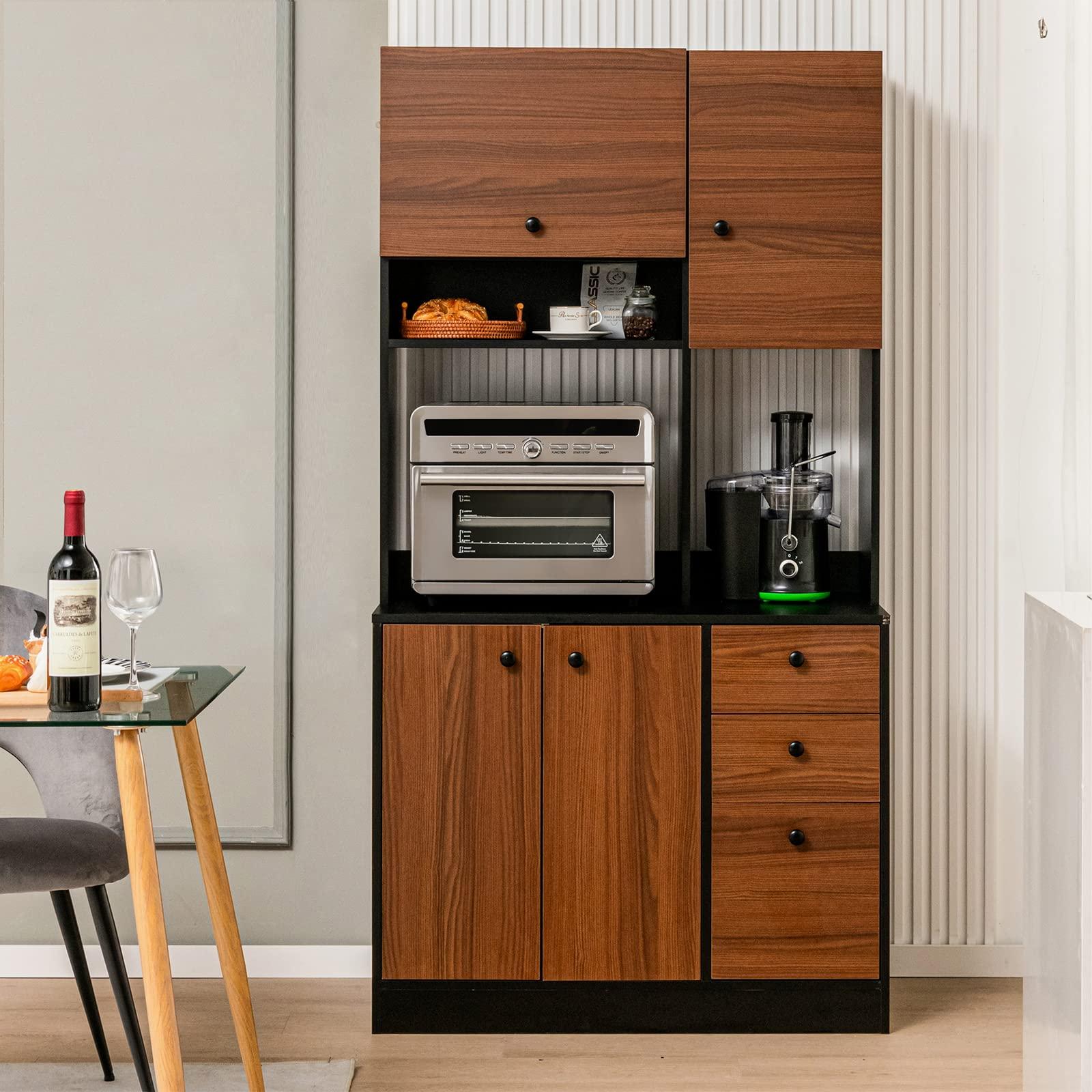 LOKO LOKO 71 Tall Kitchen Pantry Storage Cabinet, Freestanding Buffet Hutch with Doors, Adjustable Shelves, 3 Drawers and Microwave Stand, Kitchen Hutch for Dining Room, Living Room (Walnut)