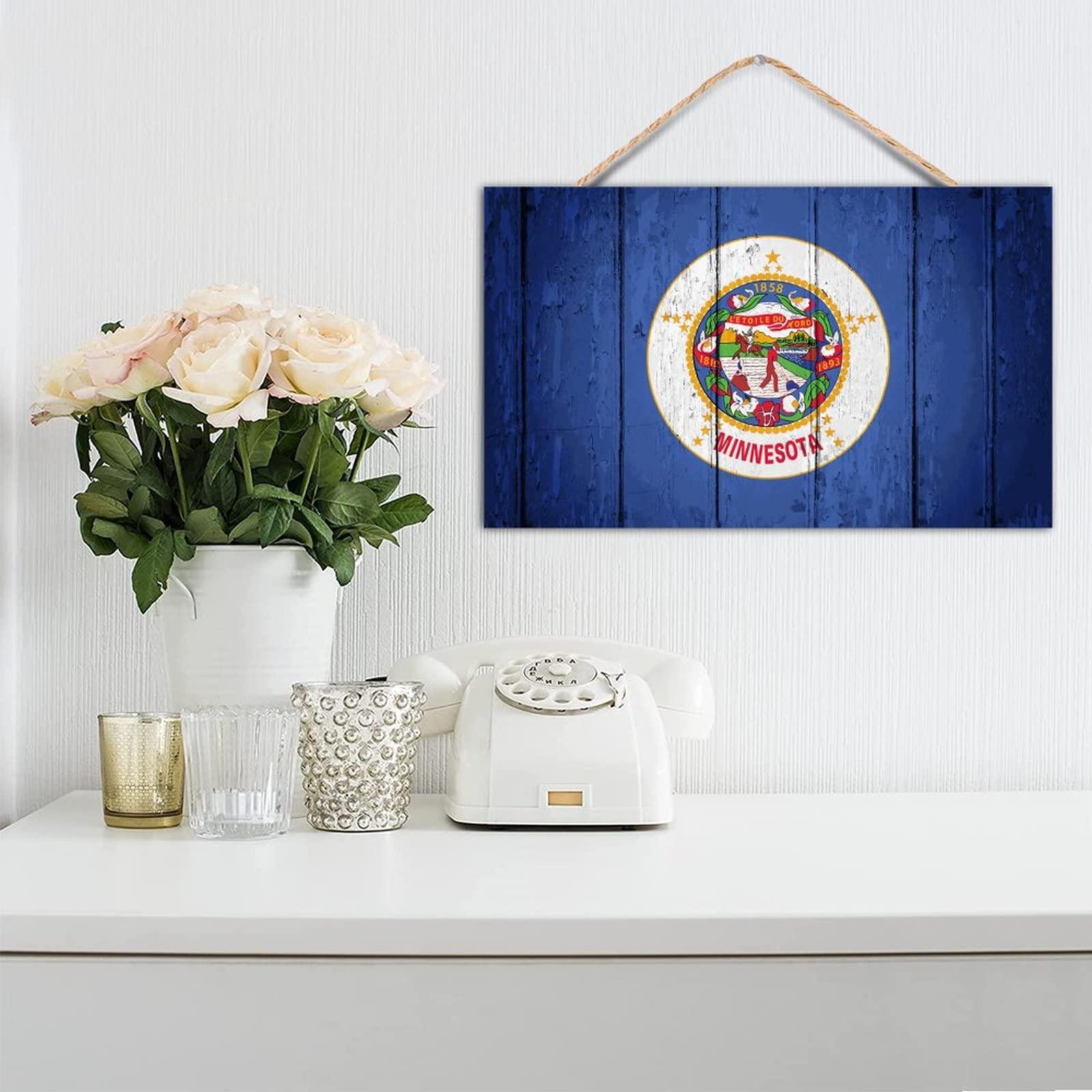 TEANFUN TEANFUN Minnesota State Wood Hanging Sign Rustic Minnesota State Flag Wood Wall Sign Hanging Decorative Door Wood Sign for Rustic Home Decor 12x20 Inch