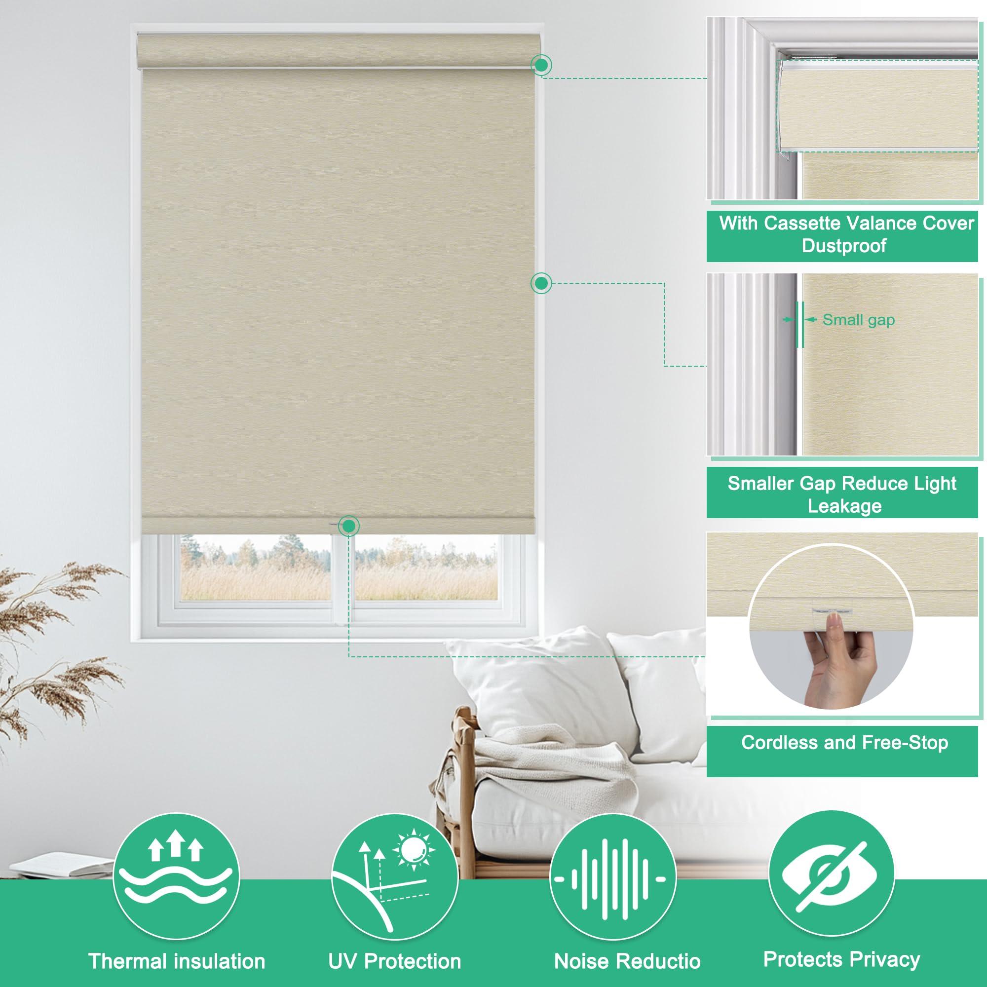 Doing-X Doing-X Roller Blinds for Window Striped Jacquard Fabrics 100% Blackout Roller Shades with Heat Insulation Cordless Roll up Window Blinds for Office Home Easy to Install,47" W x 36" H,Beige
