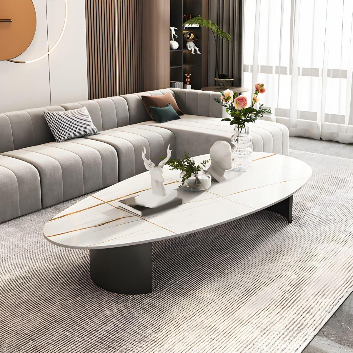 LAKIQ LAKIQ Modern Oval Coffee Table White Slate Stone Top Living Room Center Table with Double Pedestal Metal Base (Without Storage Drawers, Gloss White-55 L x 27.5\" W x 16\" H)
