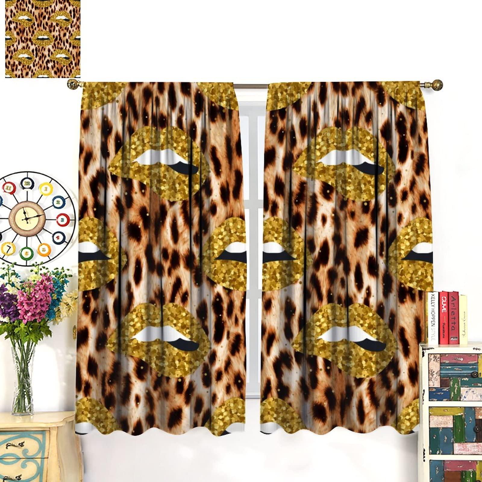 AuiMzoo Lips Curtains, Gilt Sexy Lips African Wildlife Cheetah Leopard Print Theme, Women Women Bedroom Living Room Blackout Curtains, Set of 2 Panels,84X84 Inch