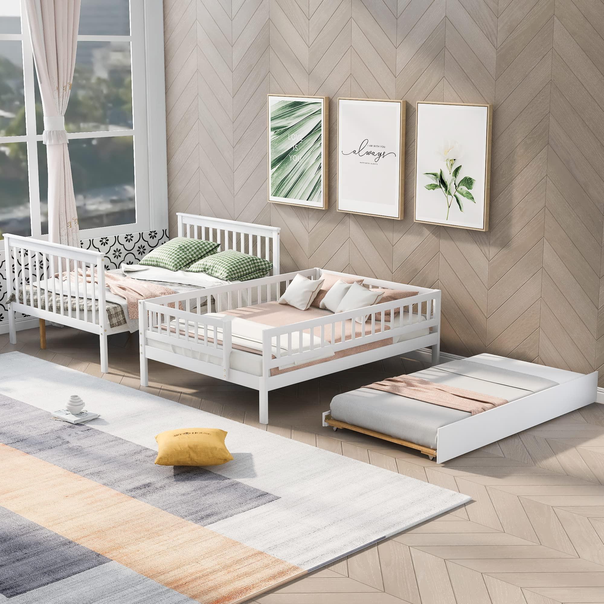 Quarte Quarte Full Over Full Bunk Bed with Trundle/Staircase/4 Storage Shelves, Convertible 3 Individual Beds, Solid Wood Bunk Bed Designed for Kids/Teens/Adults (White+Full/Full*)