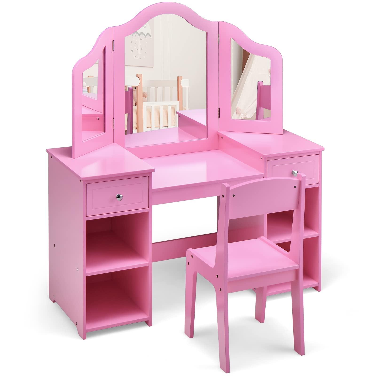 AKUSTIK AKUSTIK Kids Vanity, 2 in 1 Wooden Princess Makeup Table and Chair for Toddlers with Tri-Folding Detachable Mirror, Storage Drawers for Little Girls, Pretend Beauty Dressing Desk Play Set Toy Gift