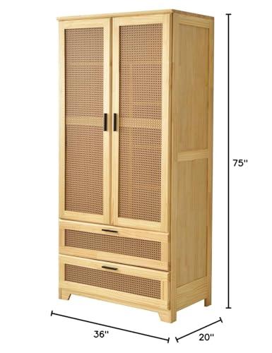 Woodpeckers Furniture And Mattress Pine Wood Closet with Rattan Doors and Two Drawers (Natural)
