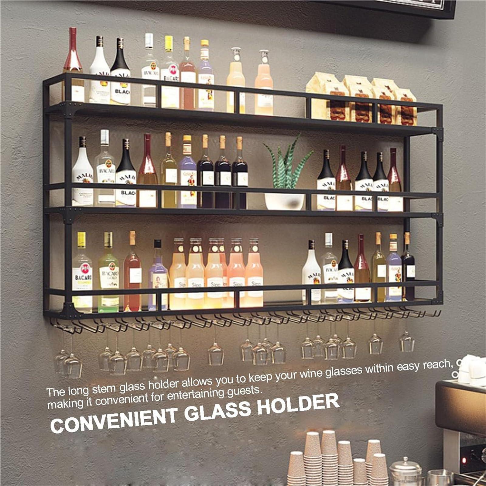 JOSKAA Wall Mounted Wine Rack with LED Light, Metal Floating Shelves for Liquor Bottles & Wine Glasses, Multi Functional Storage Shelf Wine Storage Display Rack for Home, Restaurant, Bars,Gold-150x25x55CM