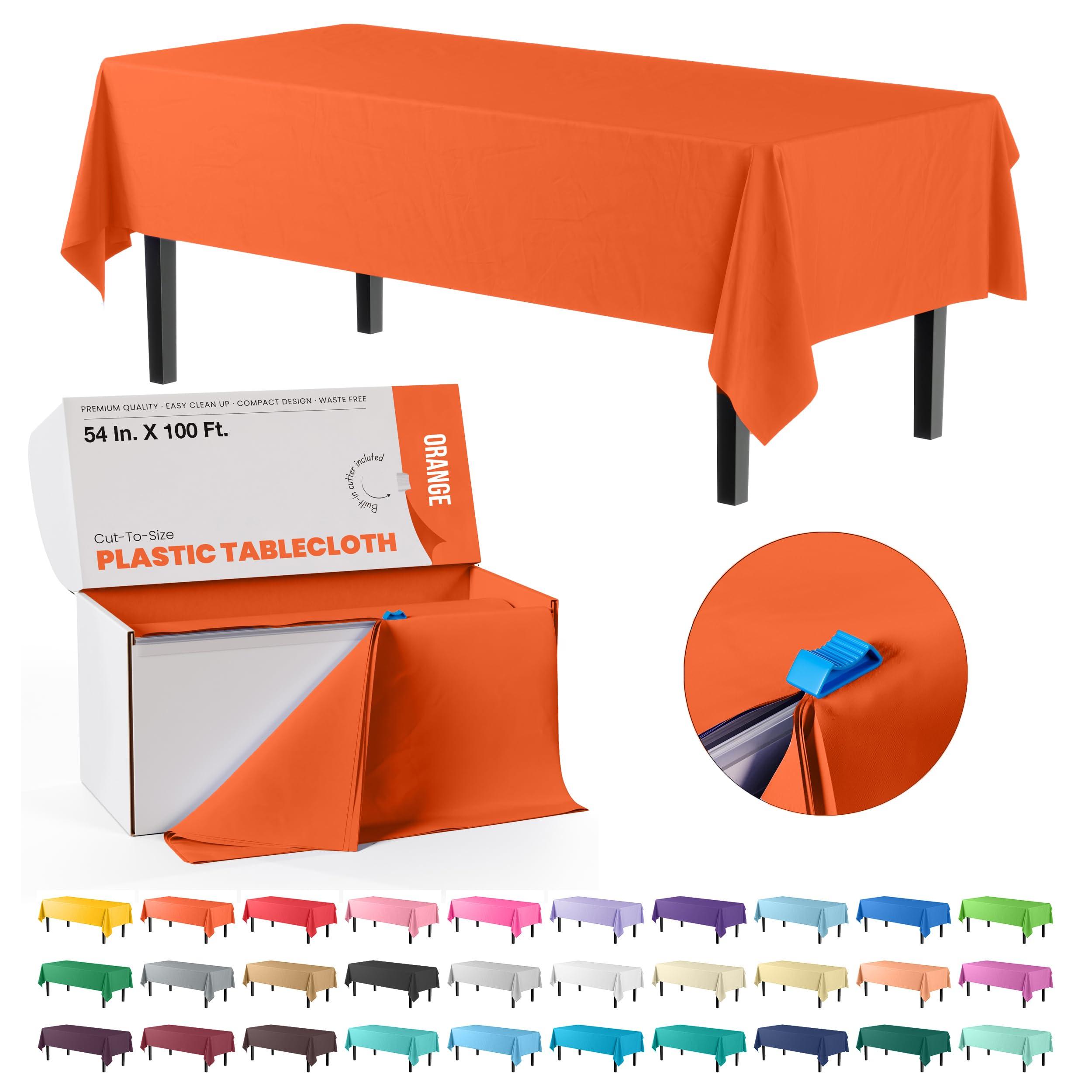 Exquisite Exquisite 54 Inch X 100 Feet Orange Plastic Table Cover Roll in A Cut - to - Size Box with Convenient Slide Cutter. Cuts Up to 12 Rectangle 8 Feet Plastic Disposable Tablecloths