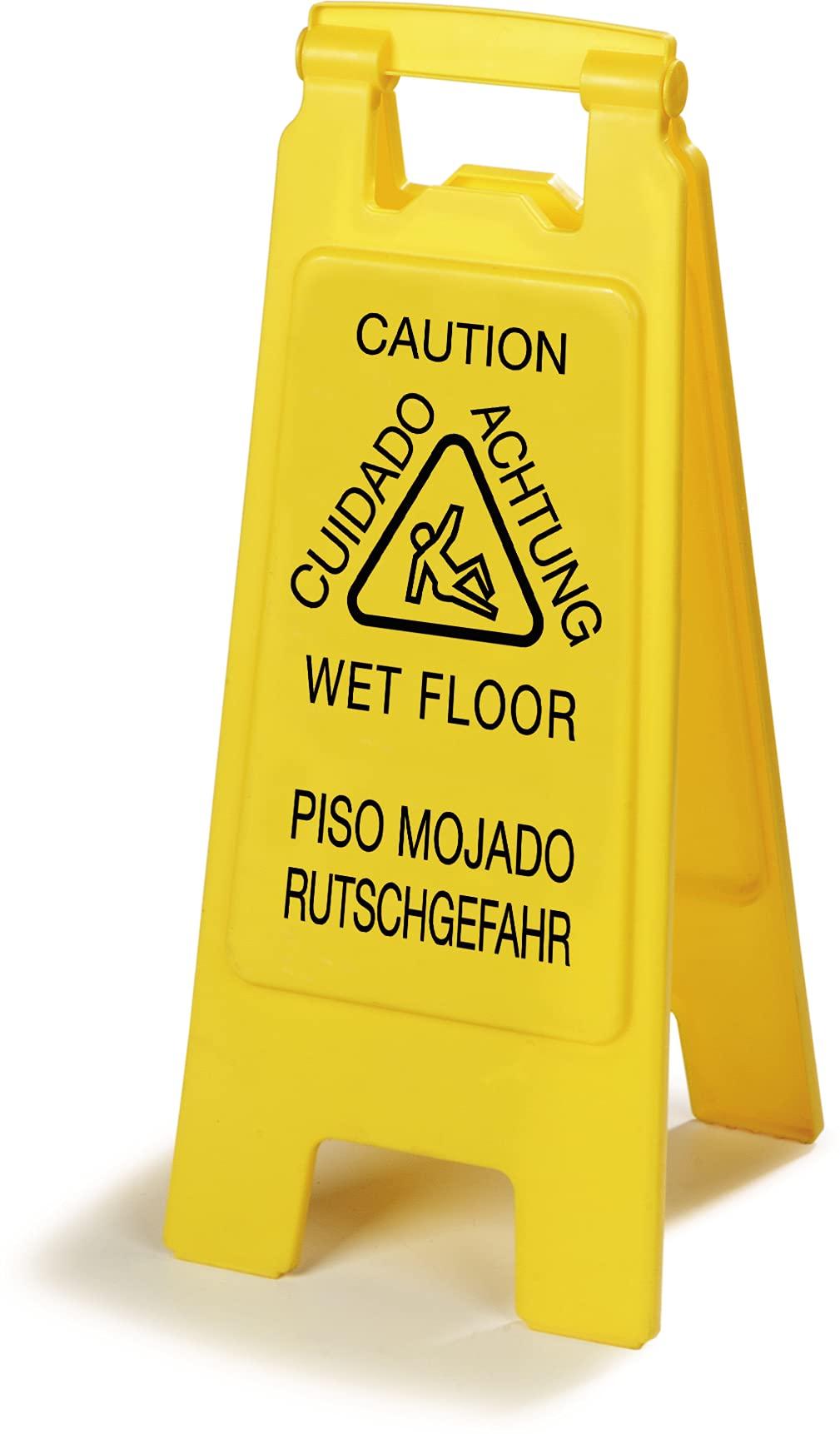 Carlisle FoodService Products SPARTA Flo-Pac Caution Wet Floor Sign with English, Spanish, German for Commercial Use, 25 X 11 Inches, Yellow, (Pack of 6)